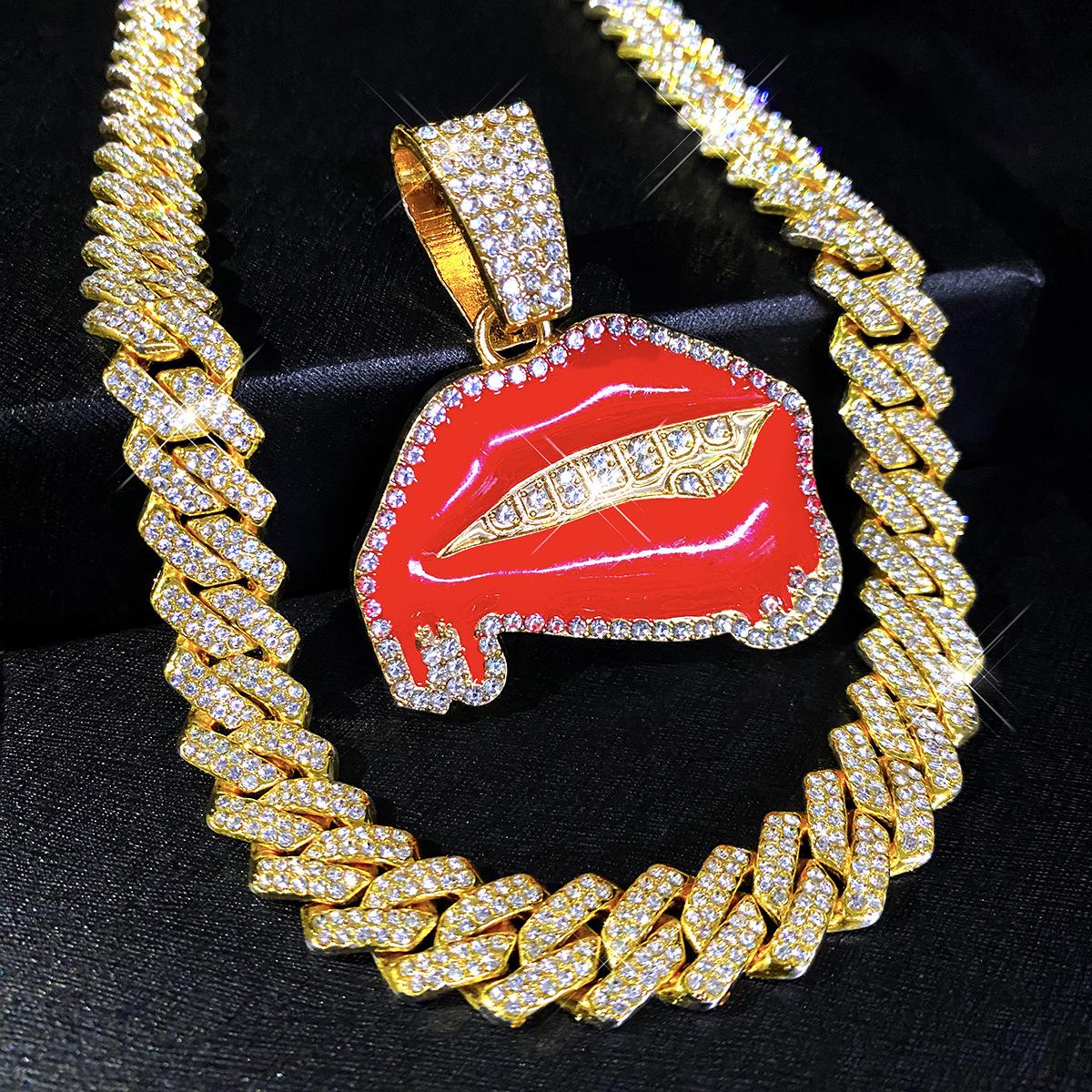 Diamond-studded oil-drip sexy red lip pendant hip-hop personalized creative alloy Cuban chain necklace