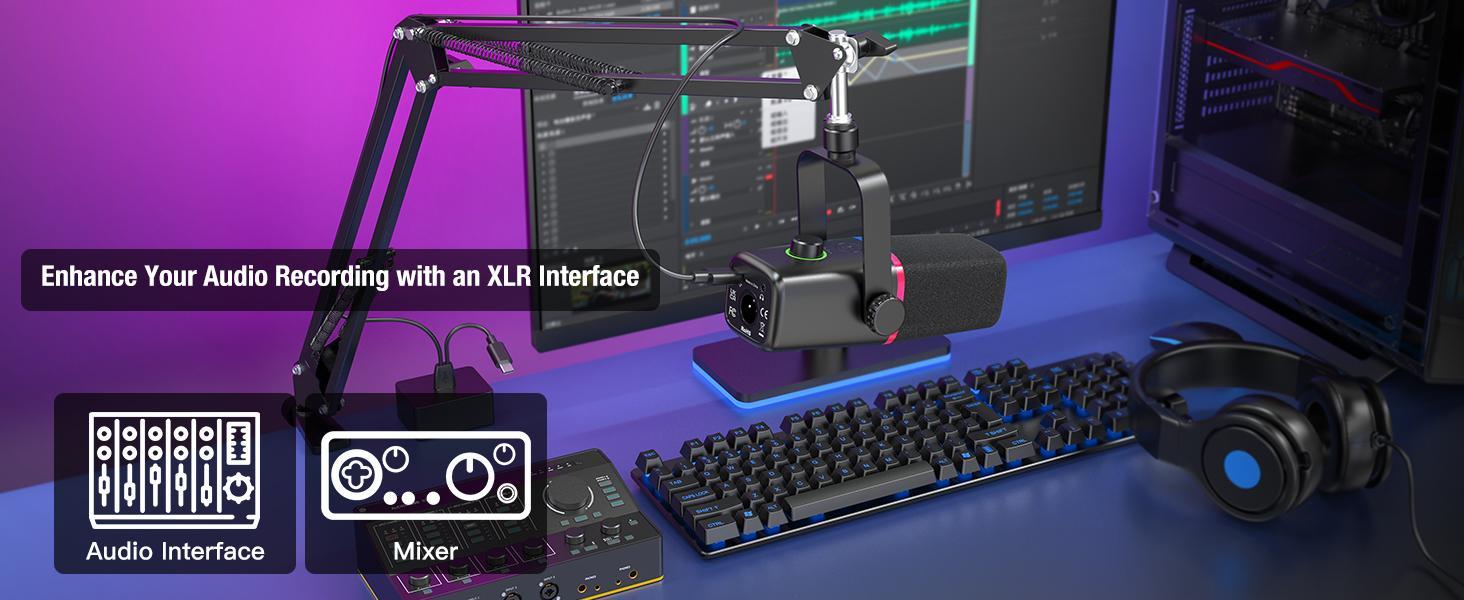 ZealSound XLR/USB Dynamic Microphone with Boom arm stand for Gaming Podcasting,Mic for iPhone Phone PC Computer laptop mixer sound card, live Streaming Mic with RGB Light,Mute Button,Mic Gain,Headphones Jack, Stand, Singing YouTube Smartphone Recording
