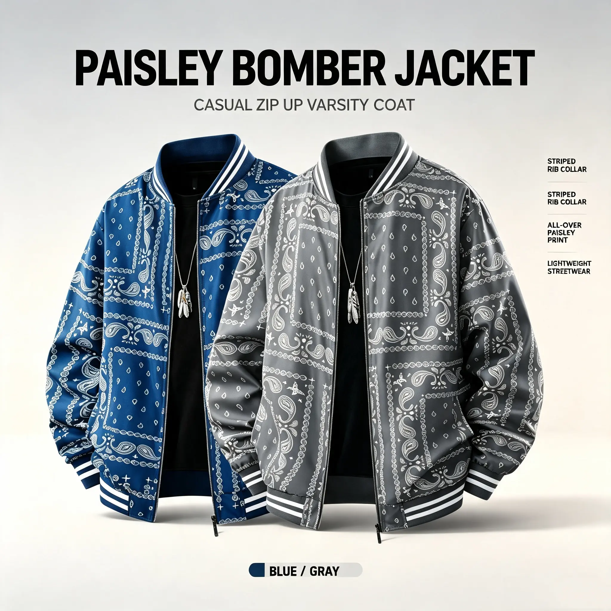 Men Paisley Print Varsity Jacket Casual Zip Up Baseball Coat Streetwear Loose Bomber Outwear 2 Pack