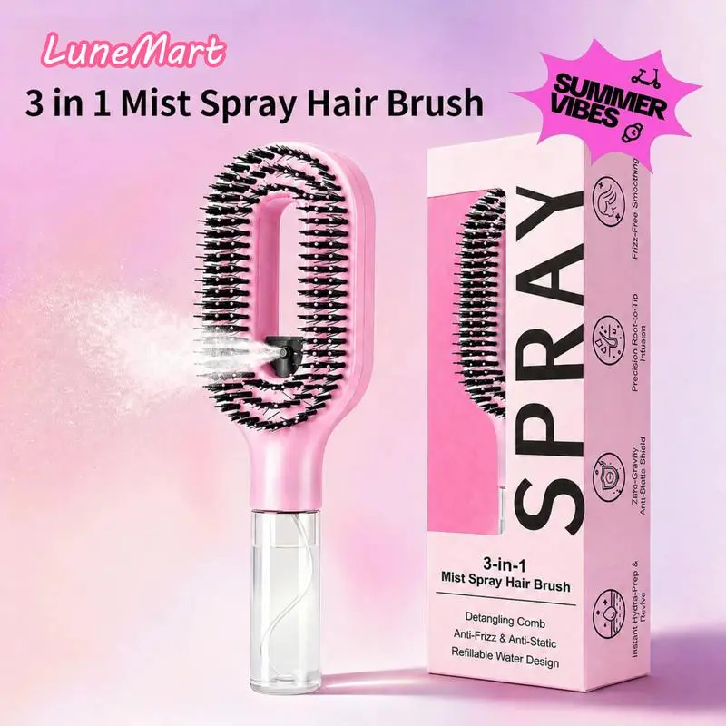 3-in-1 Mist Spray Hair Brush for Tennis Enthusiasts - Anti-Frizz Ionic Detangling Comb with 55ml Refillable Water Tank, Dual Bristle Massage Tips for Dry Thick Hair, Effortless Knot Release