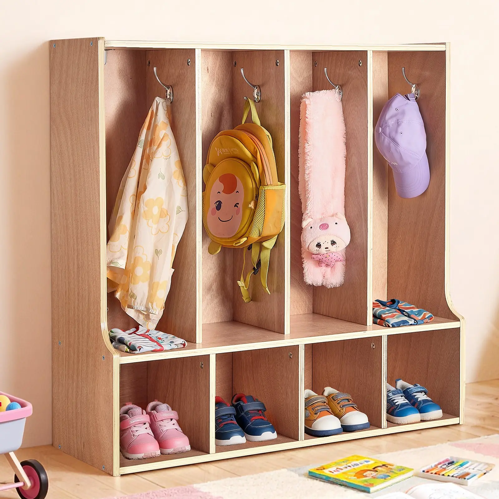 VEVOR 4-Section Wooden Kids Coat Locker, Small Size Toddler Cubby Storage Organizer with 8 Hooks & 4 Open Storage Boxes, Non-Slip Mat, Modern Design for Home, Kindergarten, Hooks + Box