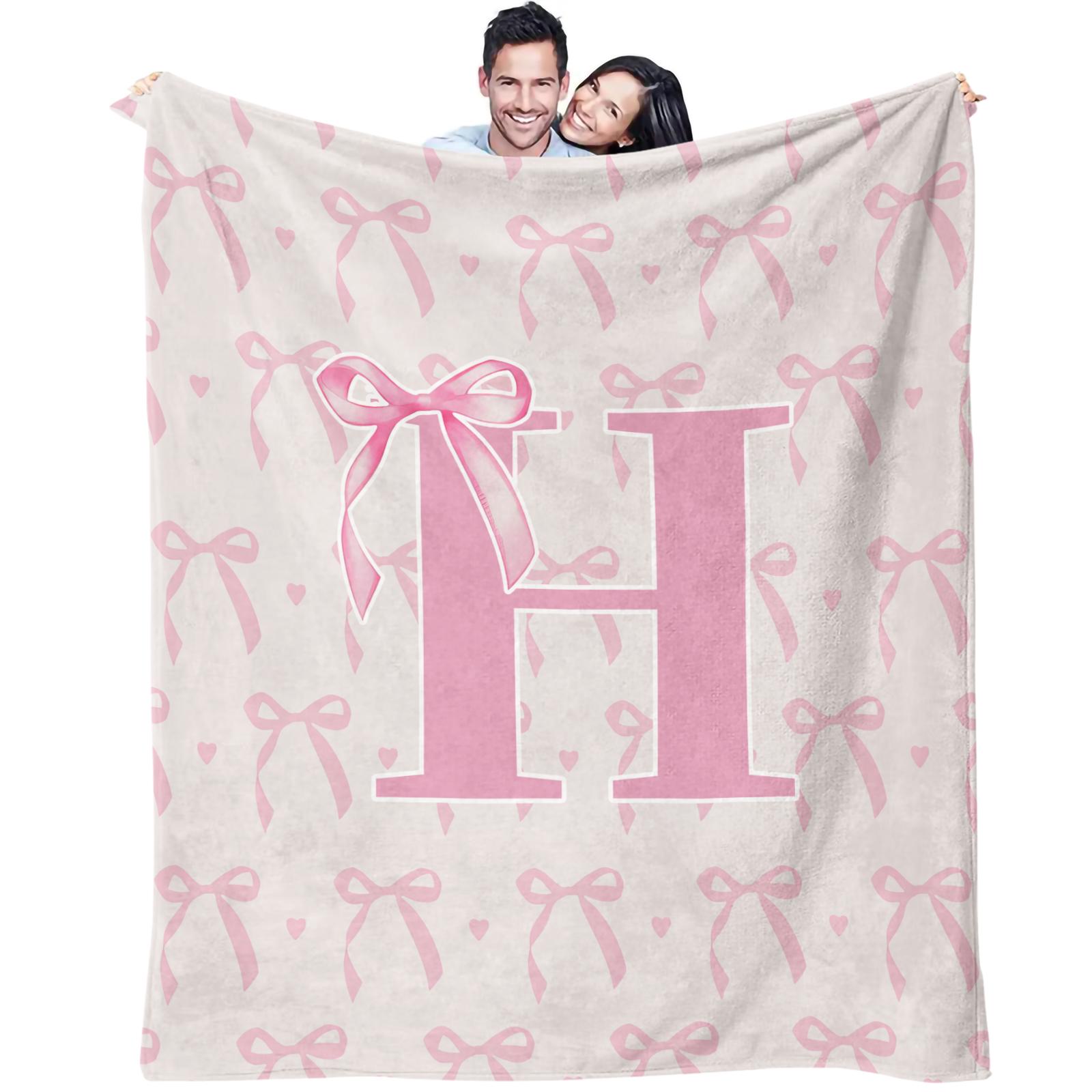 Pink Bow Custom Initial Throw Blanket, Sweet Girl Style Heart Print, Soft Warm Cozy Skin-friendly, Ideal for Bedroom Living Room Sofa Dorm Decor