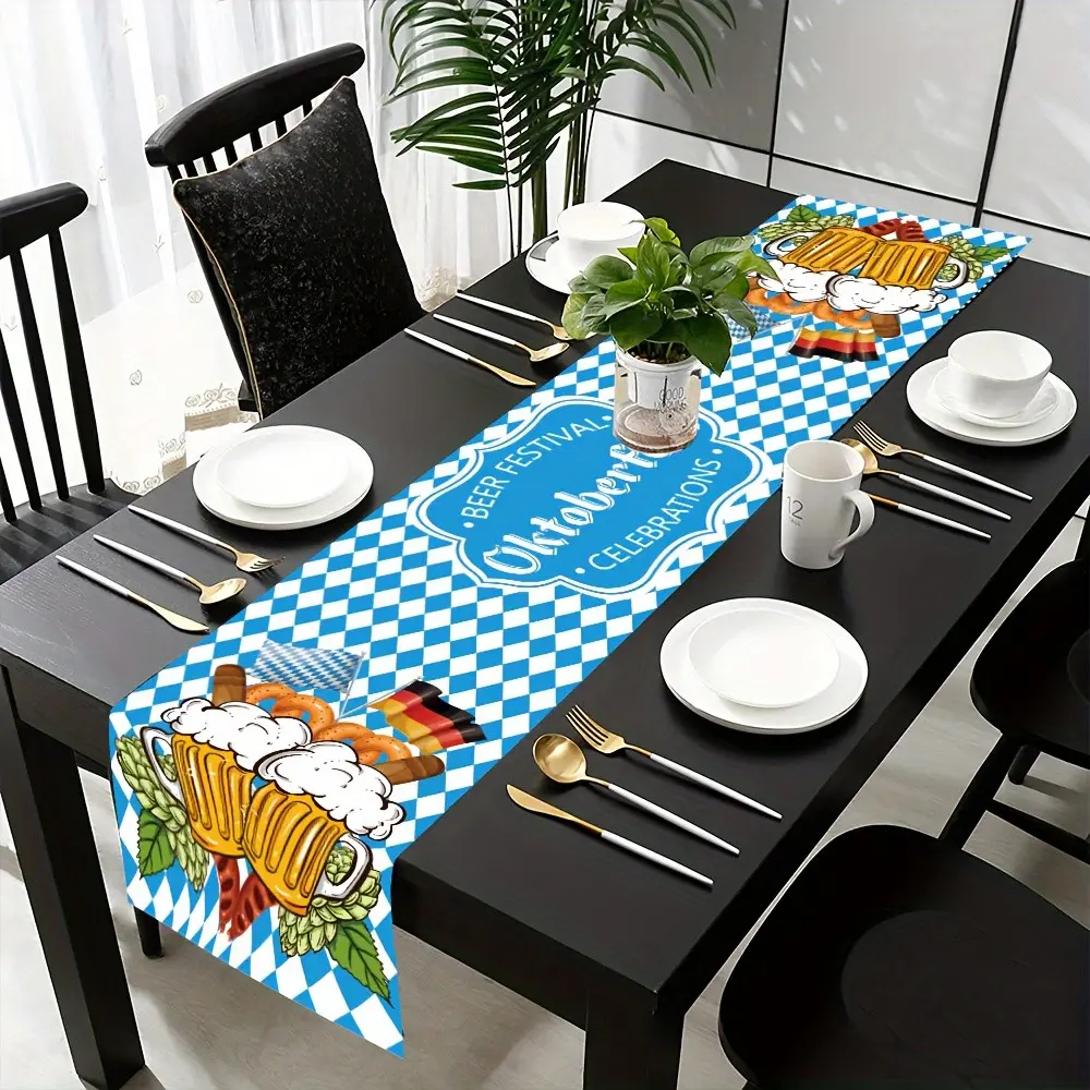 German Beer Festival Table Runner, 180cm X 35cm, Munich Oktoberfest Party Tablecloth, Bavarian Blue Checkered, Polyester Material