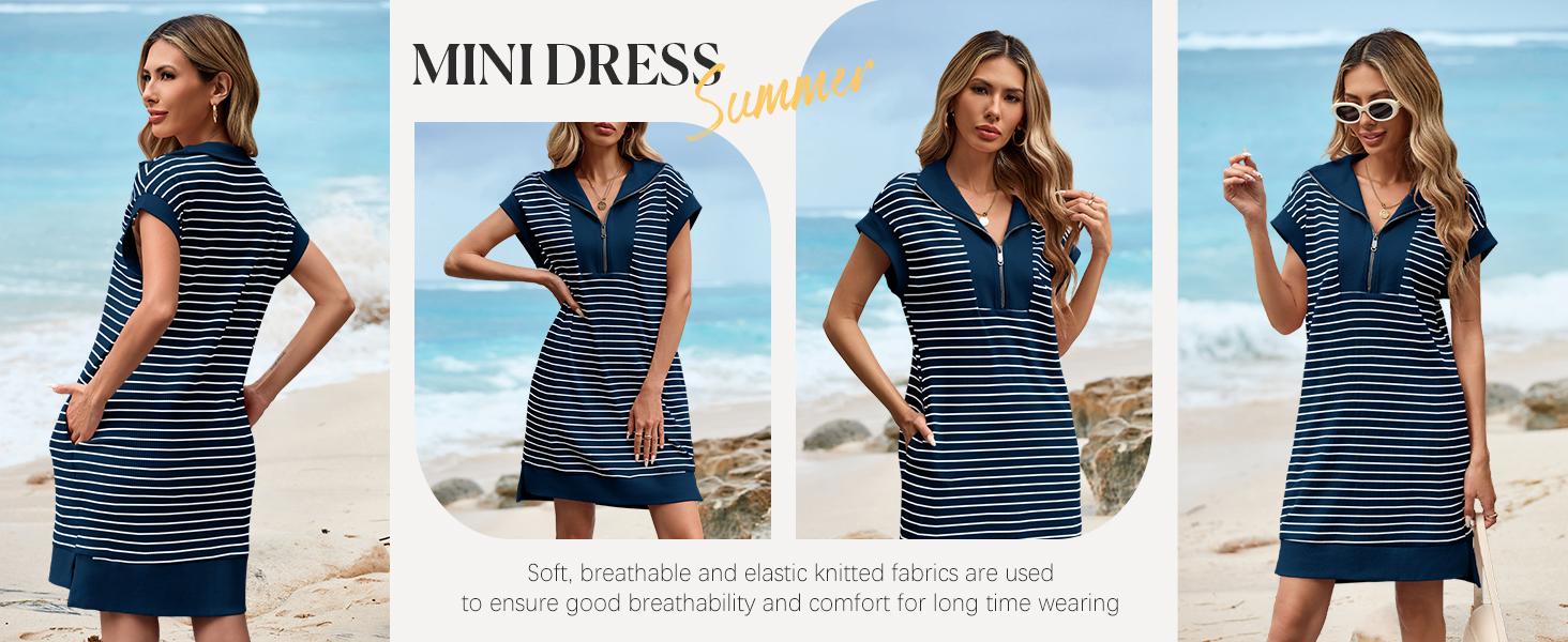 Wenrine Women's Striped Mini Dress Casual Zipper Cap Sleeve Collared V Neck Loose Knit Summer Dresses