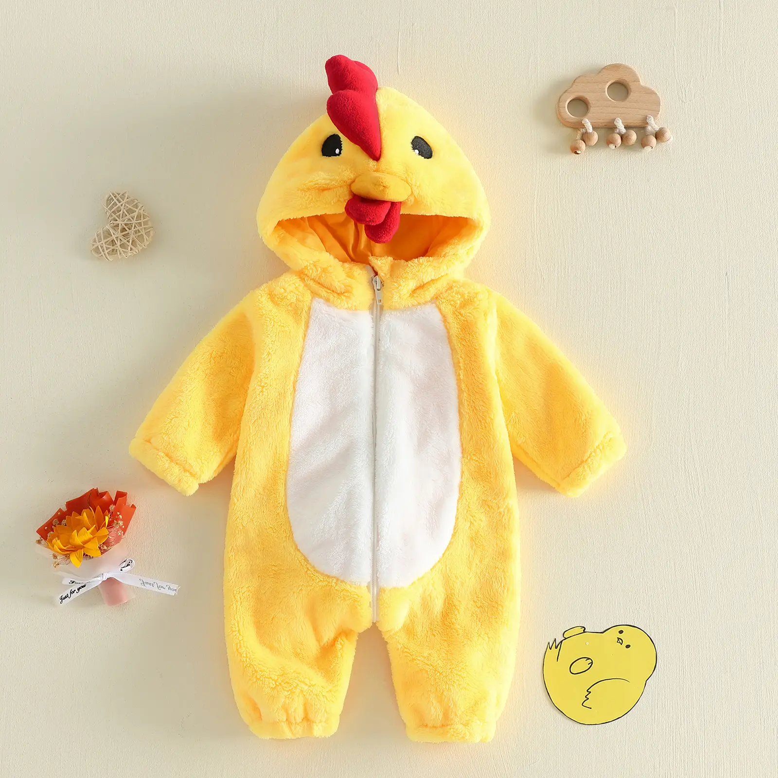 FOCUSNORM Unisex Baby Chicken Costume Hooded Romper Long Sleeve Zipper Plush Jumpsuit Halloween Outfits Infant Boy Girl Halloween Costume