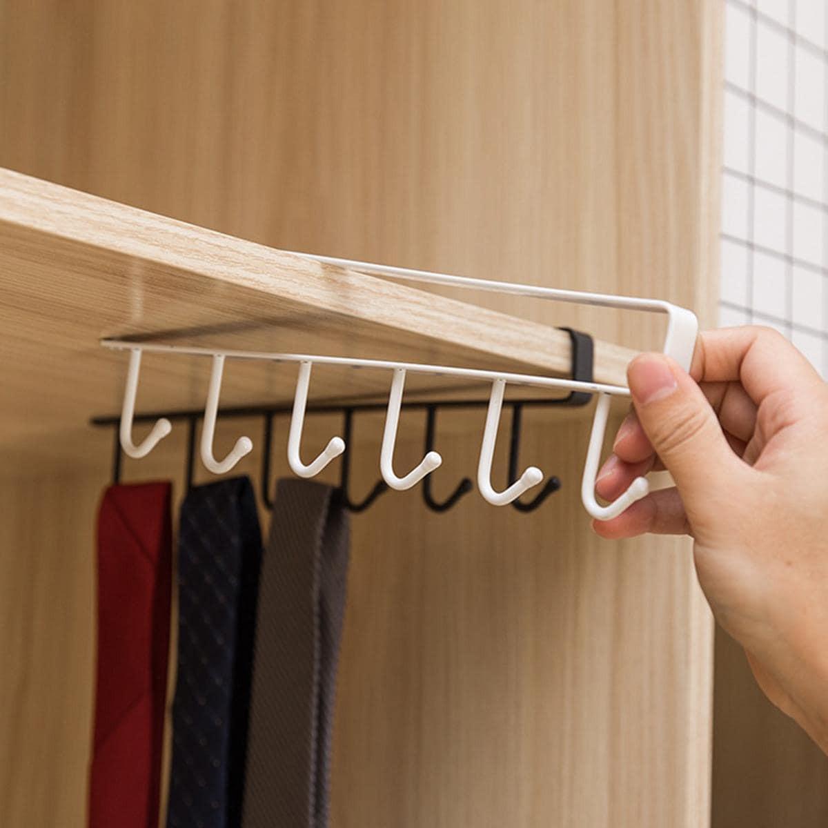 (Without Screws) Cup Hook Shelf, 1 Count Multifunctional Under Cabinet 6 Hooks Cup Storage Rack, Home Organizer for Kitchen Bathroom Bedroom Wall Mountable