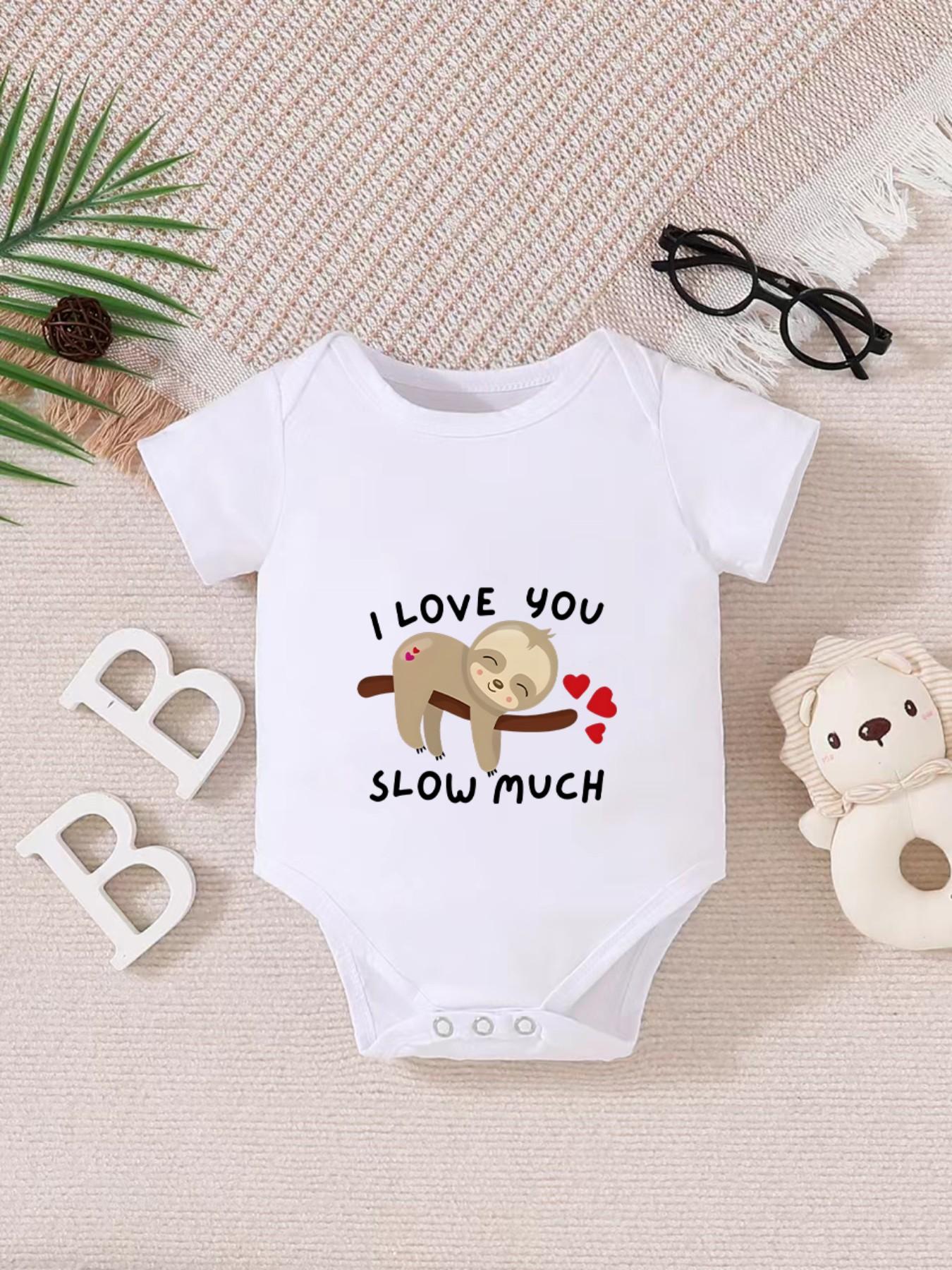 Newborn Summer Short Sleeve Triangle Shirt, Unisex Baby Clothes, Cute I Love You Slow Much Sloth Heart Print, Fun Onesie