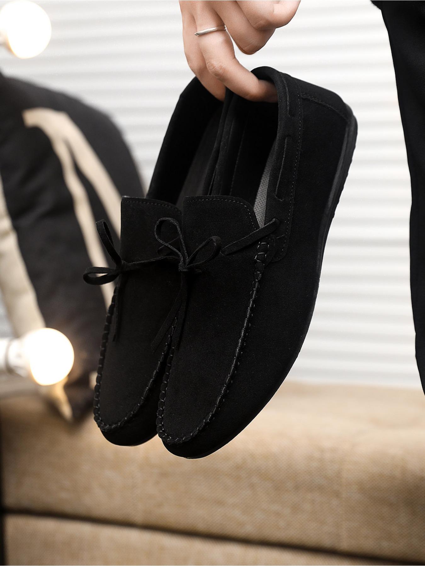 2026 Spring and Autumn New Men's Casual Bean Shoes, Suede Leather with Lace-up Weave Design, Rubber Soft Sole, Daily Commuting Loafers and Business Shoes