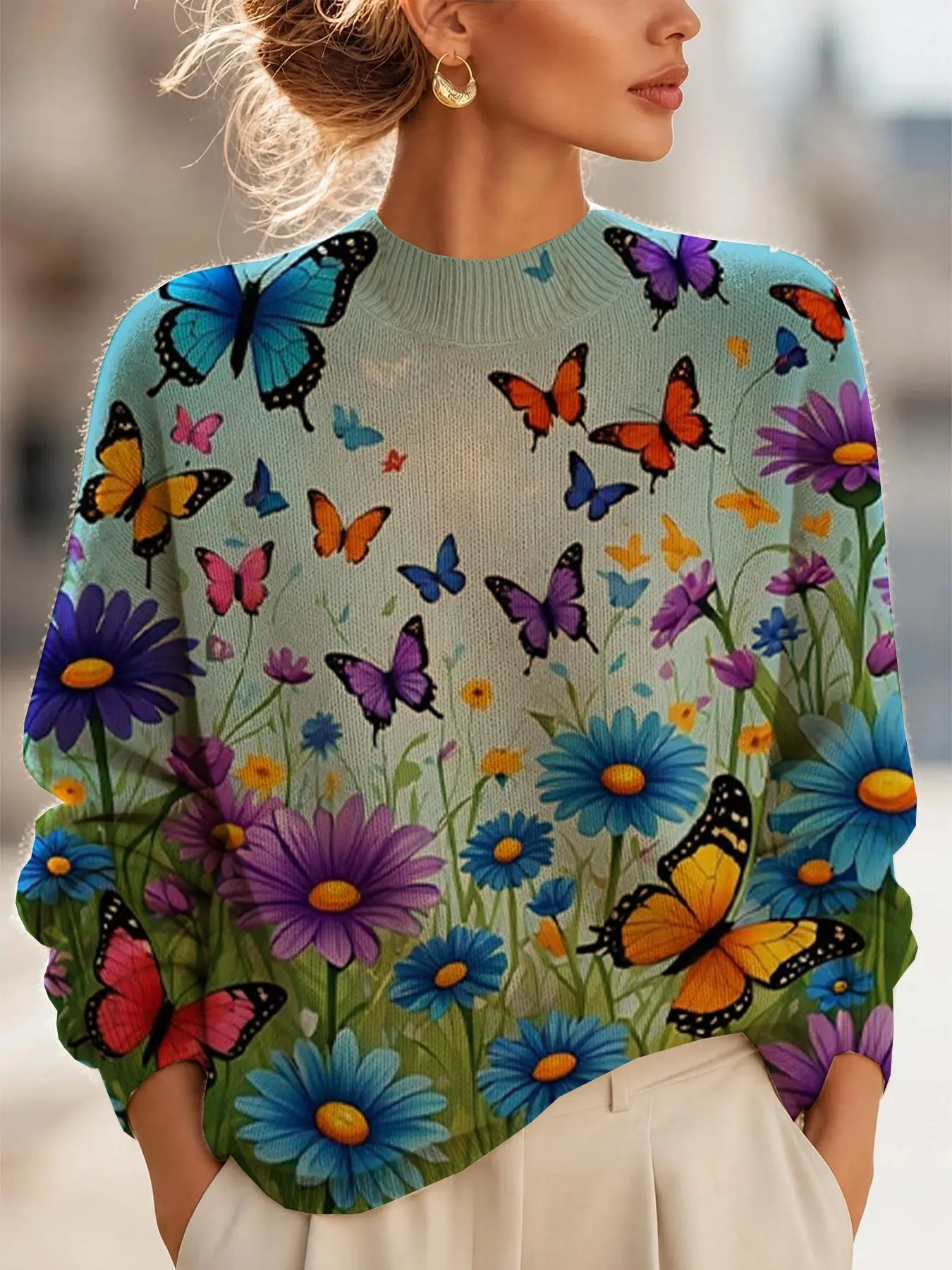 Women's Fall Winter New Fashion Sweater, Floral Print Long Sleeve Warm Versatile Sweater, Casual Slim-Fitting Pullover for Ladies