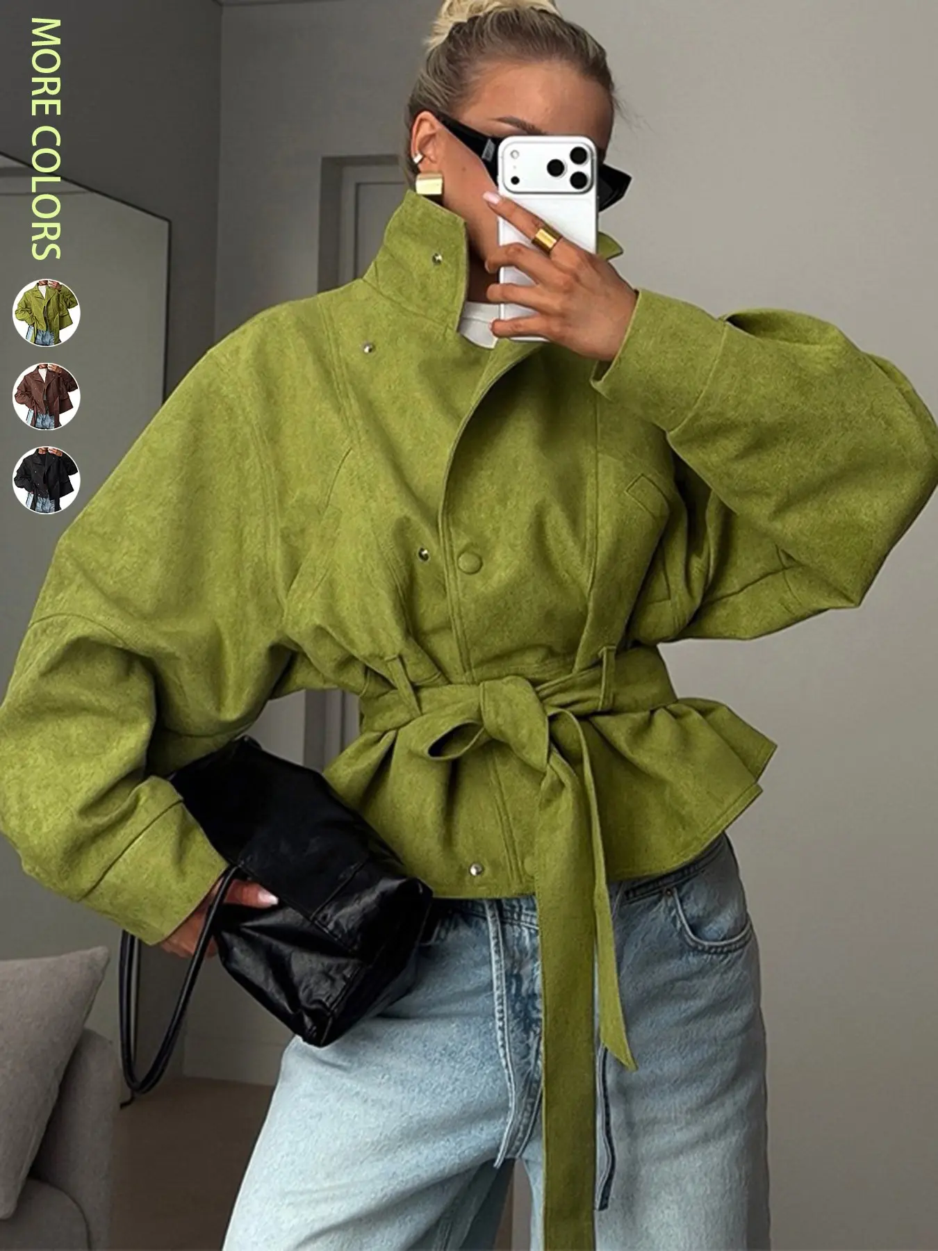 Women's Casual Solid Color Turn-Down Collar Button Front Faux Suede Velvet Loose Fit Belted Fashion Jacket Coat, Lightweight Basic Elegant Autumn School & Commute Outerwear,Stylish Outerwear for Everyday Wear