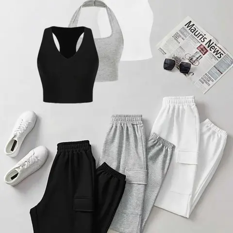 Women's Basic Solid Color Fitted Crop Tank Top & High Waist Pants Set, Casual Everyday Set, Breathable Fabric, Casual Sleeveless Top & Trousers for Daily Wear, Ladies Outfits for All Seasons, Solid Color Clothes
