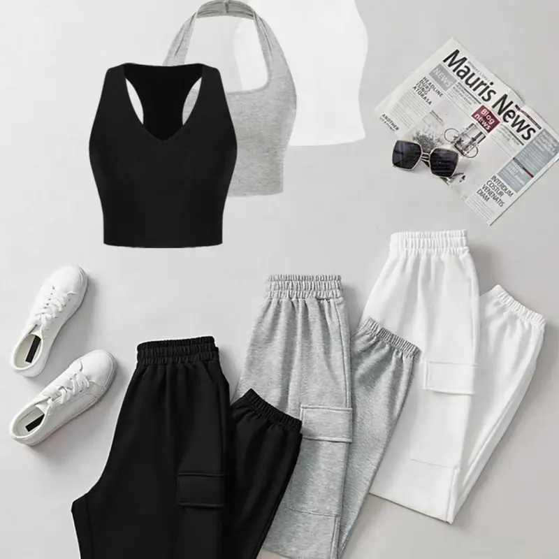 Women's Basic Solid Color Fitted Crop Tank Top & High Waist Pants Set, Casual Everyday Set, Breathable Fabric, Casual Sleeveless Top & Trousers for Daily Wear, Ladies Outfits for All Seasons, Solid Color Clothes