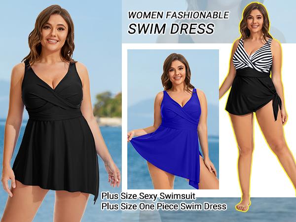 Daci Plus Size One Piece Swimsuits for Women Flowy Asymmetrical Hem Swim Dress with Shorts Built in Daci Plus Size One Piece Swimsuits for Women Flowy Asymmetrical Hem Swim Dress with Shorts Built in