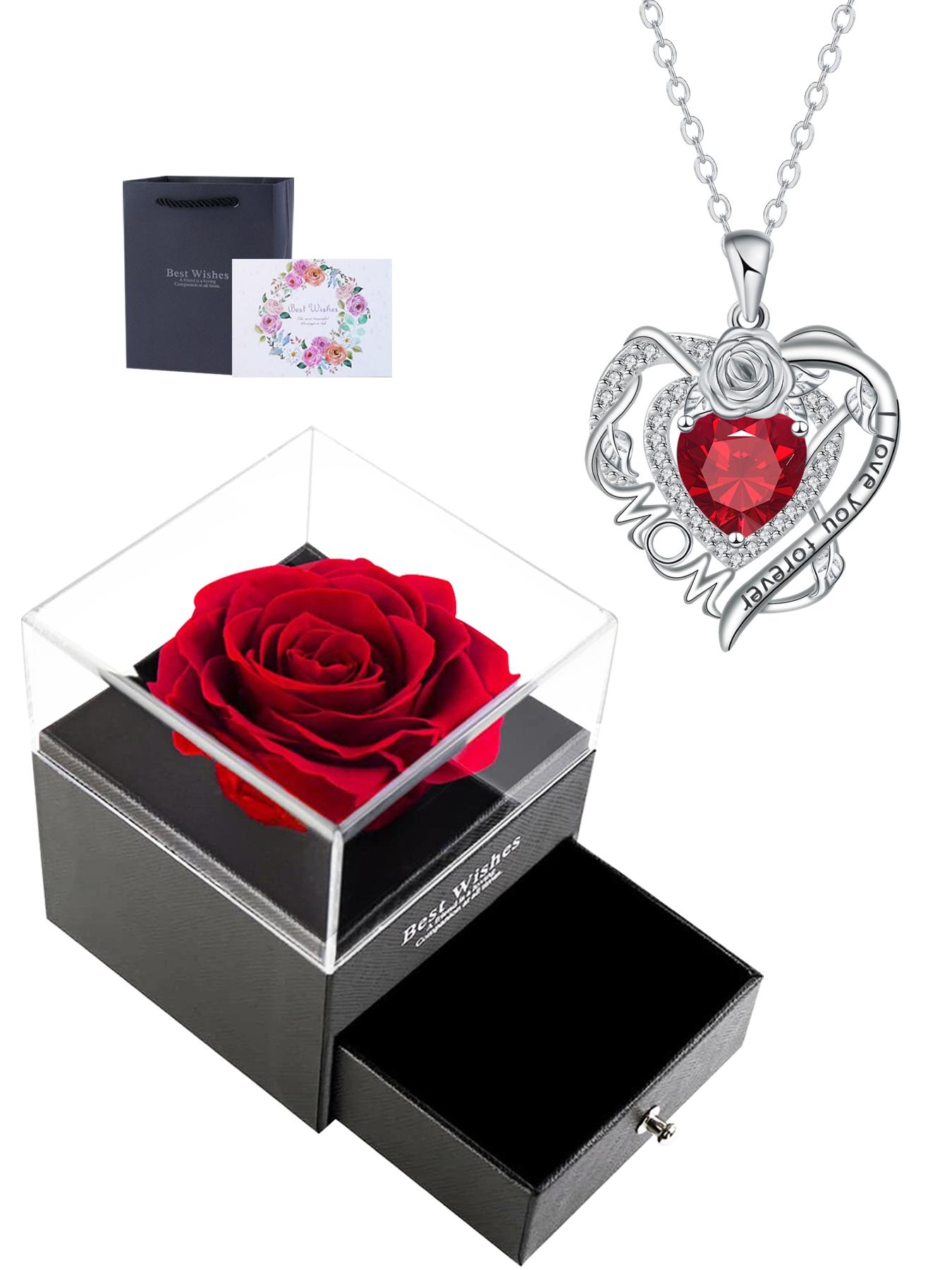 Rose Heart Mom Necklace With Rose Jewelry Gift Box, Love Heart Necklace, Flower Heart Pendant Necklace for Mother, Christmas Birthday Mother's Day Jewelry Gift for Mom Grandma