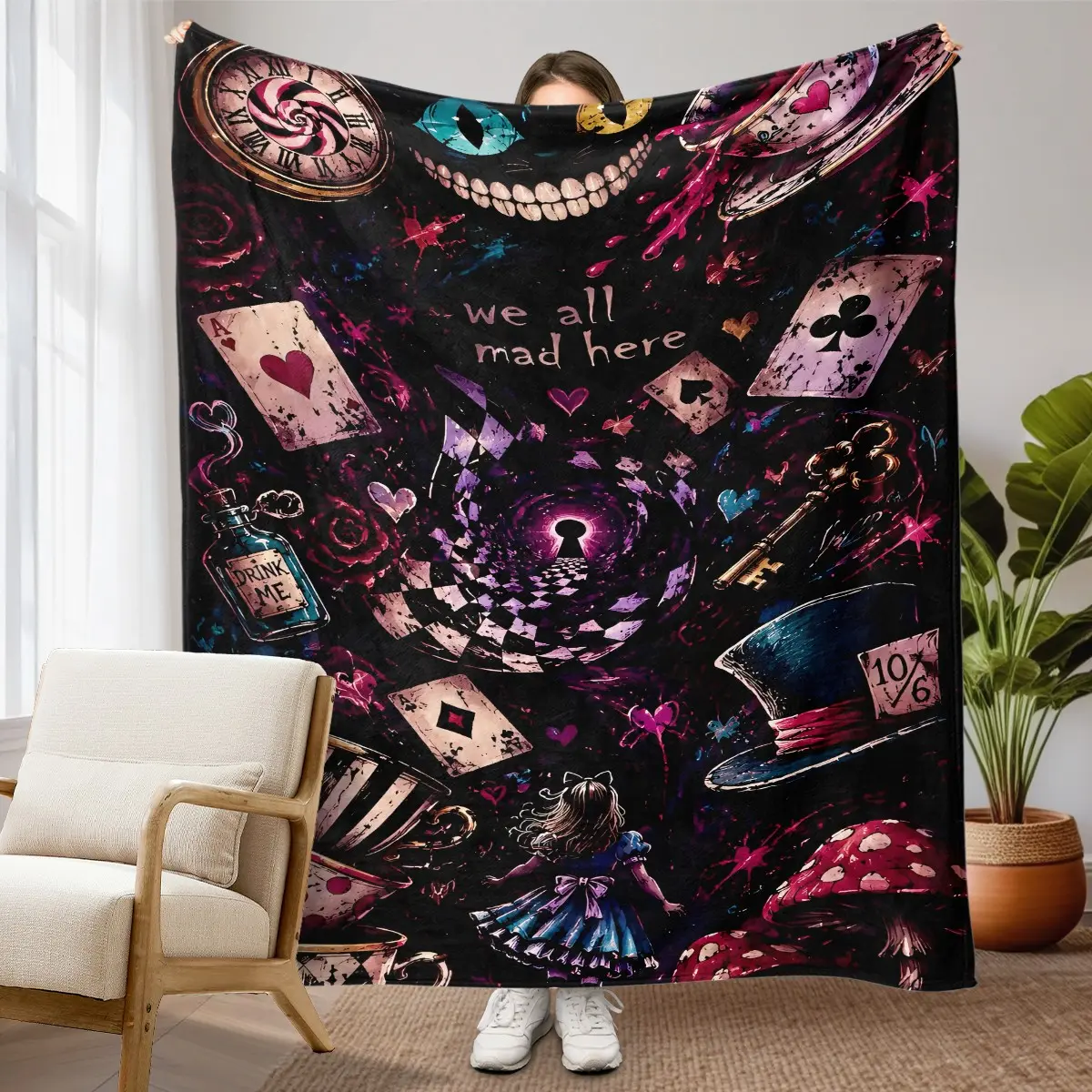 1pc Dark Alice In Wonderland Flannel Blanket, Printed with Alice, Cheshire Cat, mad hatter teacup, playing cards and rose dark fairy tale graphics. Soft warm nap throw, great for sofa, bed, office, shawl, camping, ideal for Halloween and Christmas gifts.