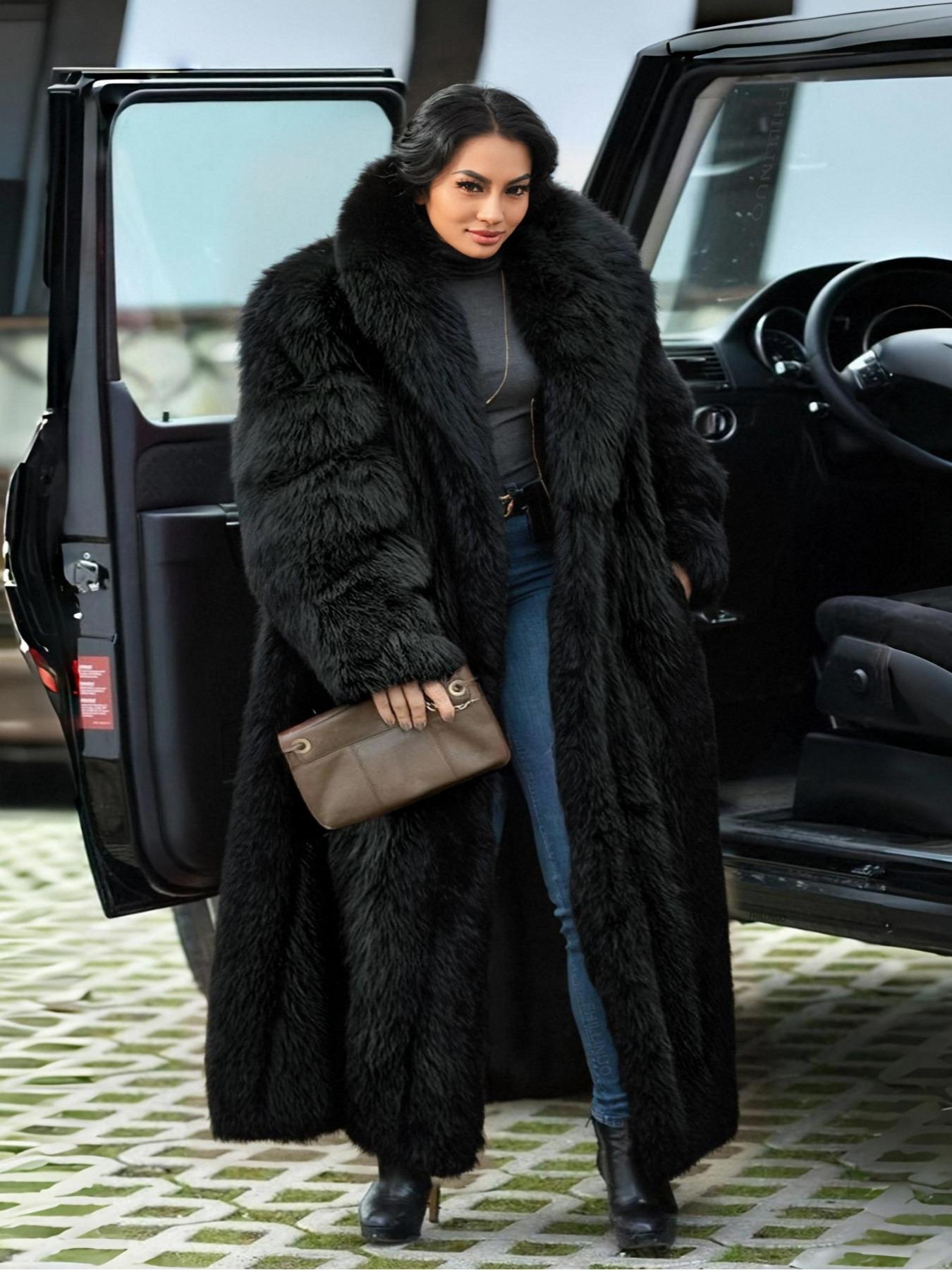 [Plus Size]Women's Faux Fur Coat, Comfortable Casual Party Jacket, Fashion Luxury Trendy Fall Winter, Soft Long Sleeve Pocket Medium Length, Outerwear