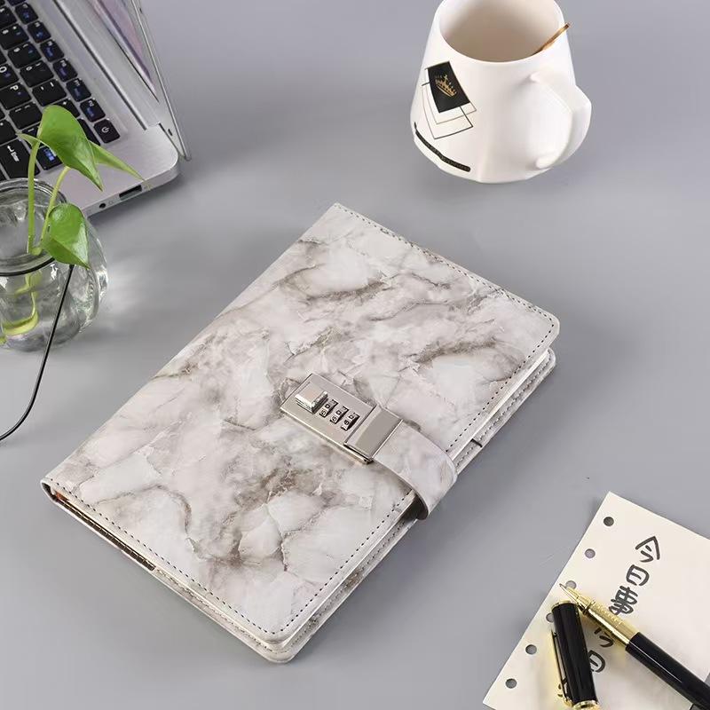 Marble Pattern Password Notebook with Lock Diary Book, Student Hand Account Memo Pad, Secure Journal for Notes and Secrets