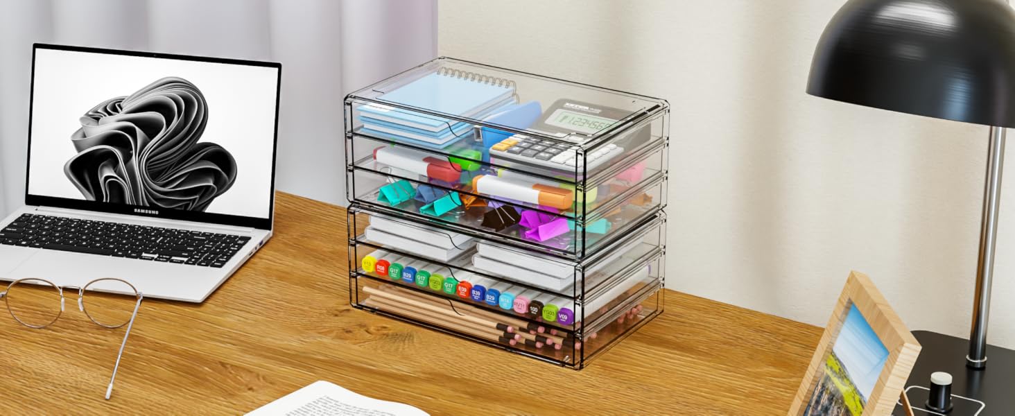 2-Pack Acrylic Storage Drawers (6 Drawers Total) - Stackable Home Organizer for organizing Desk, Office Supplies, Makeup; Large Storage Bin for Pens, Stationery, Palettes, Arts Crafts, Two Packs