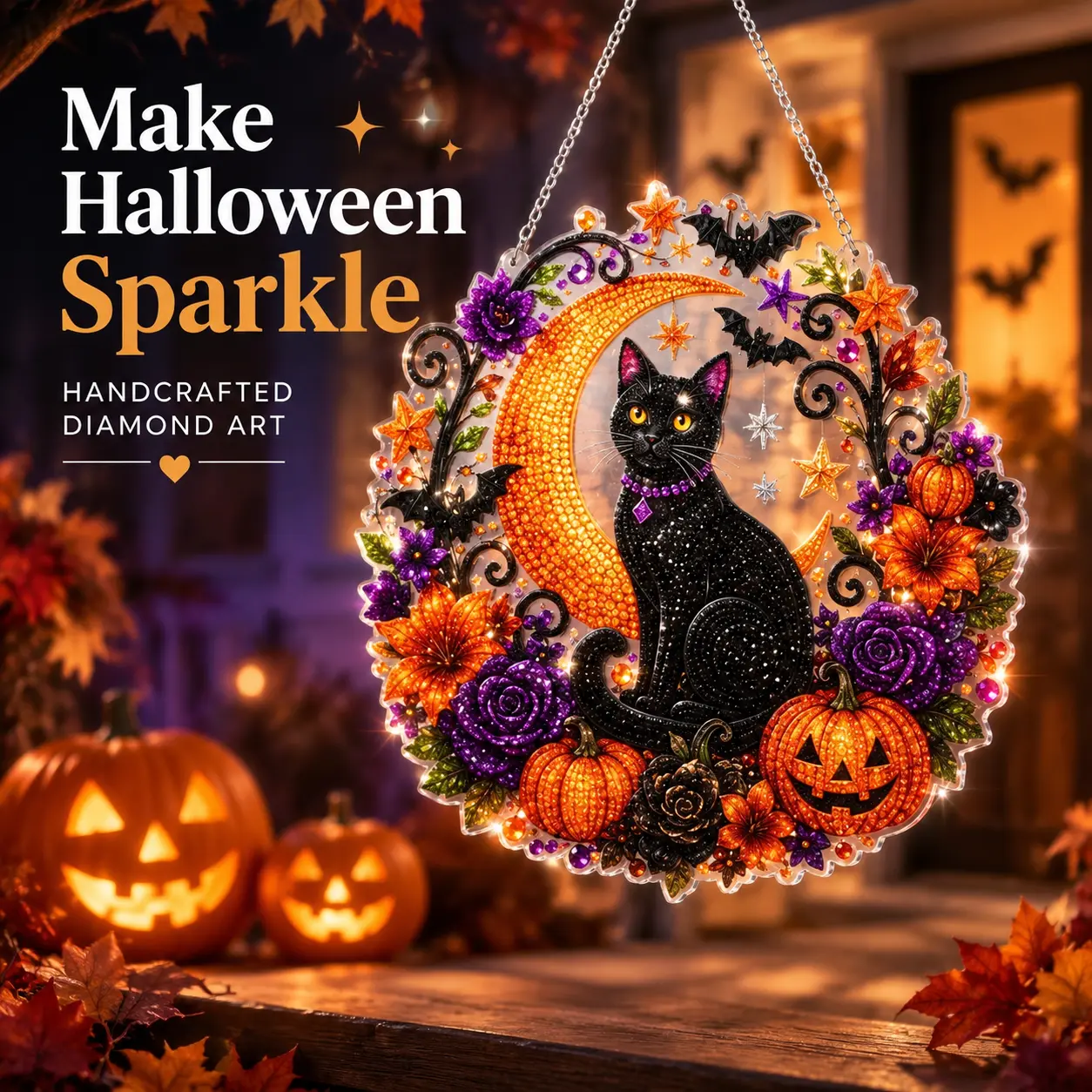 9.45 inches Halloween Diamond Painting Hanging Ornament Kit, Black Cat Moon, Skull & Pumpkin Acrylic Diamond Art Suncatcher, DIY Rhinestone Craft for Adults & Kids, Spooky Window Wall Decor Gift-YY2