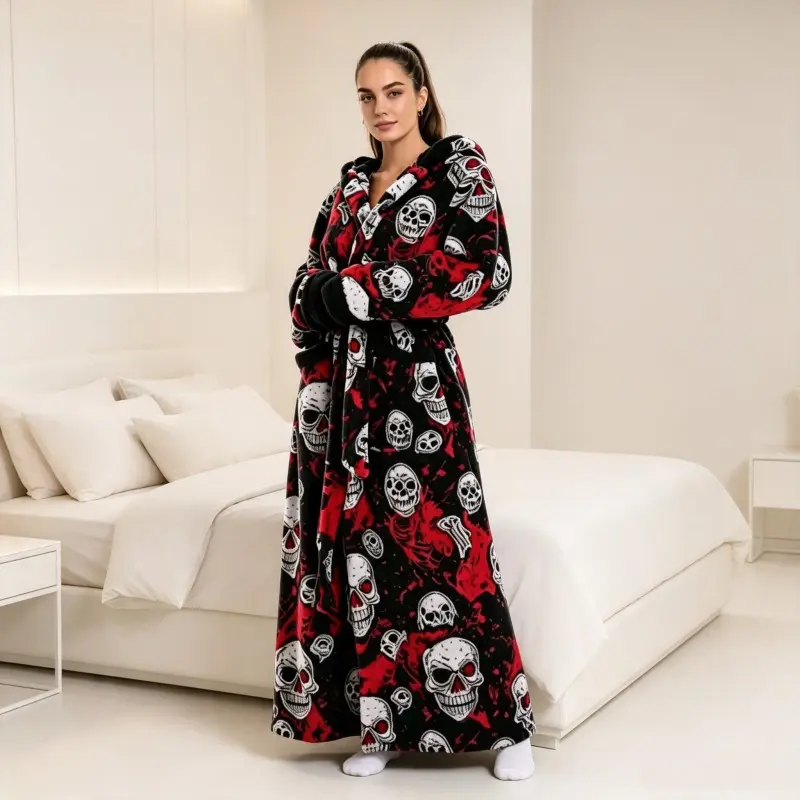 Plus Size Fashion Bold Skeleton Print Fleece Wearable Blanket, Oversized Thick Warm Soft Cozy Robe for Halloween and Christmas Gifts, Comfortable Lounge Wrap