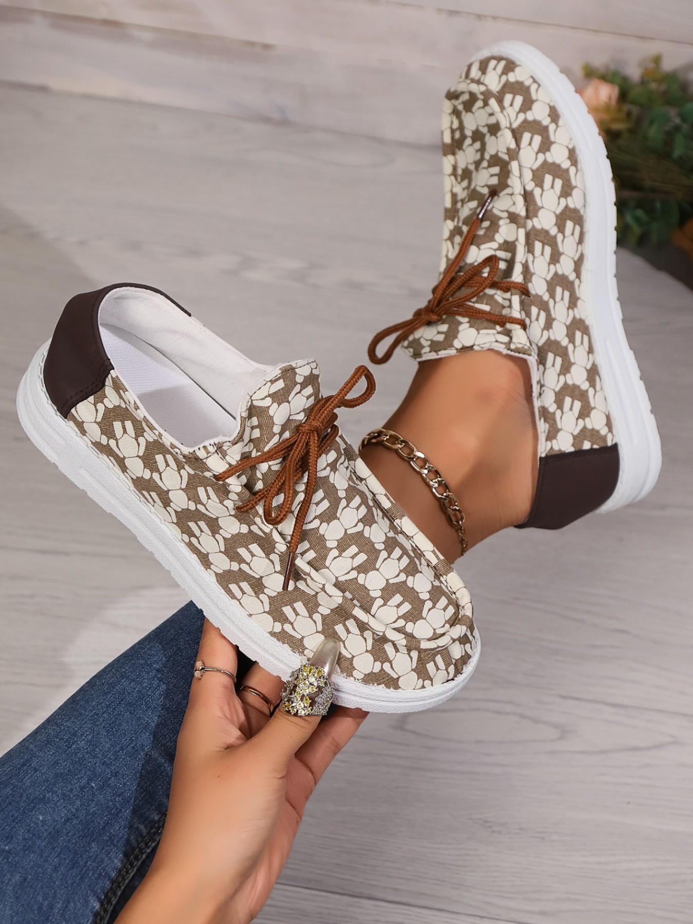 Printed Lace-Up Casual Shoes, Slip-On Loafers, Versatile Commuter Women's Shoes, Comfortable and Stylish Footwear for Daily Wear