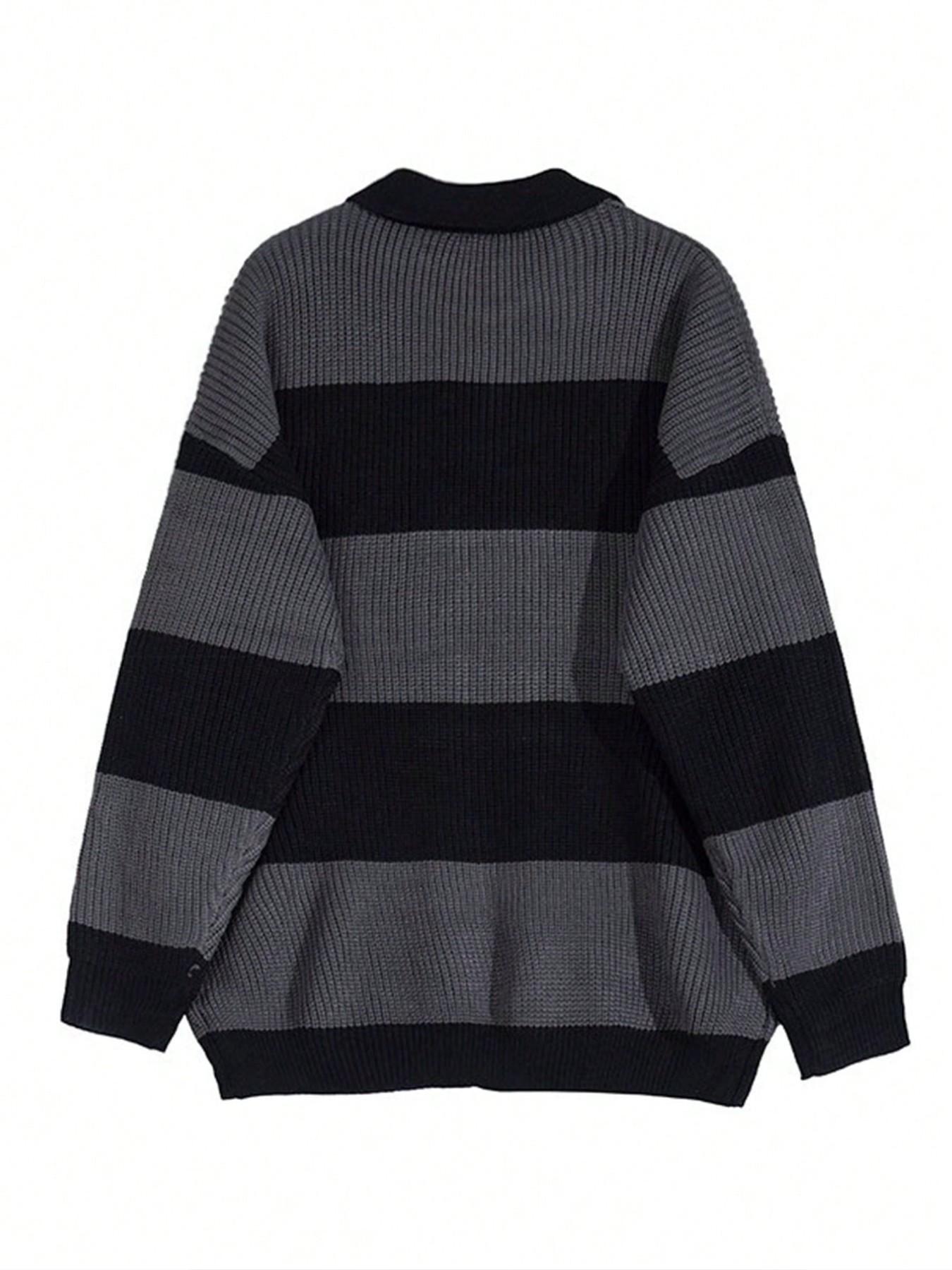 Men's Striped Lapel Half-Open Knit Polo Shirt, High-End Colorblock Sweater, Knitwear, American Vintage Style, Loose Fit, All Seasons, Casual