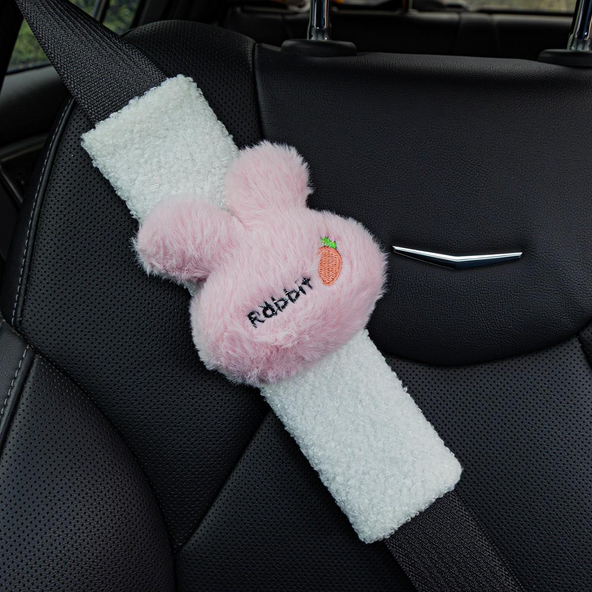 2 Pack Cute Rabbit Carrot Car Seat Belt Covers, Soft Sherpa Plush Fluffy Pads, Comfortable Anti-Rub Accessories, Universal Fit for All Cars