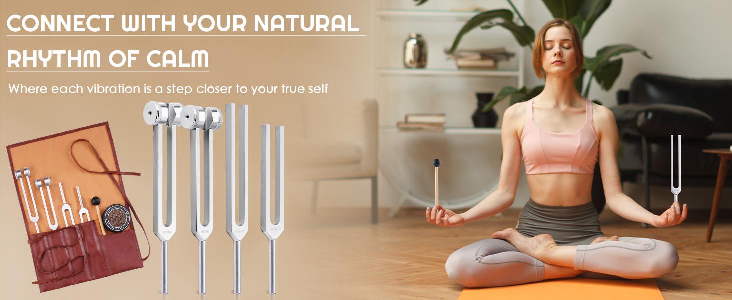 Tuning Forks for Healing Set-128Hz, 136.1Hz, 256Hz, 384Hz Weighted & Unweighted with Activator & Pouch-Complete Sound Therapy Kit for Chakra Balancing, Yoga, Meditation, Stress Relief & Energy Healing 01