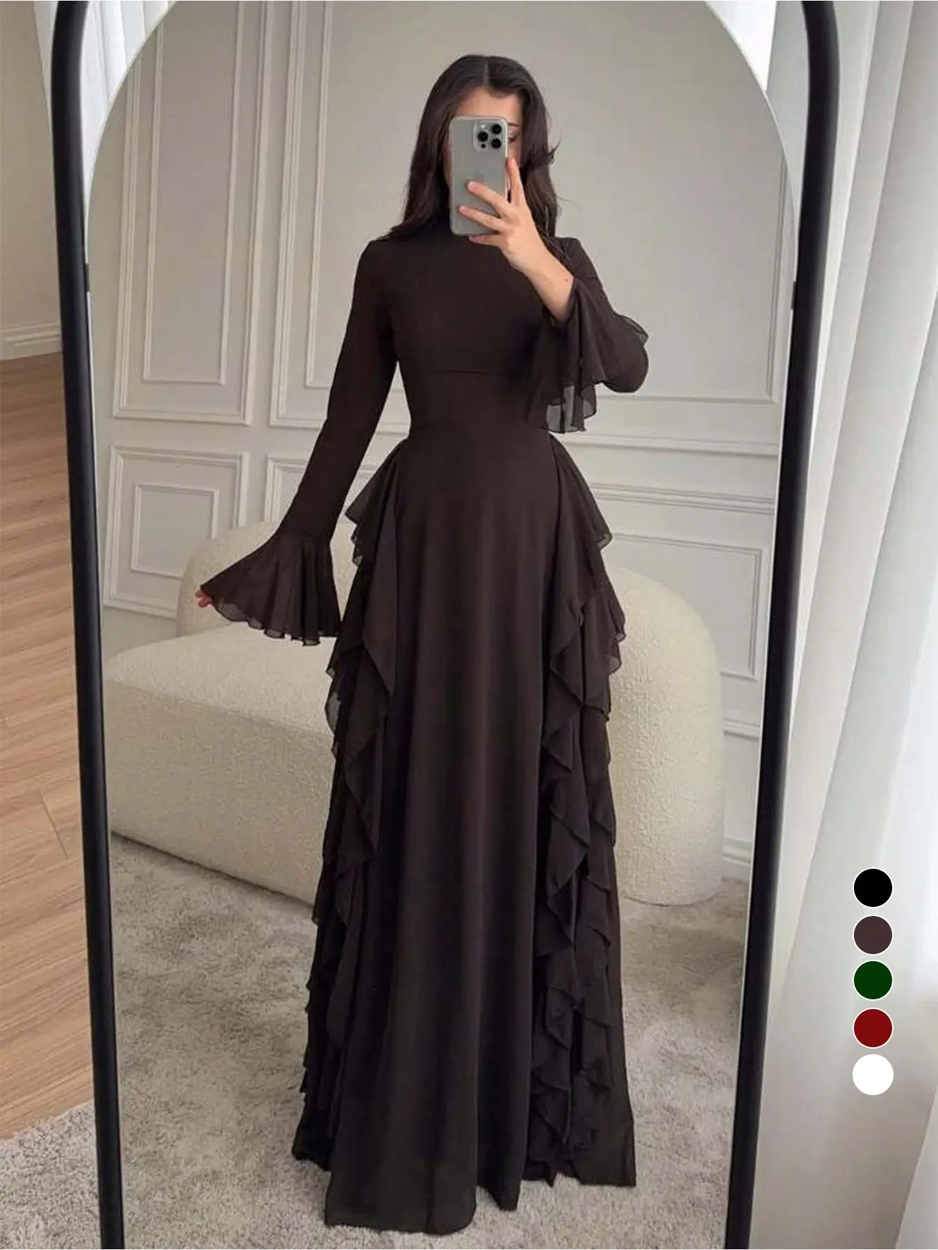 Women's Solid Color Round Neck Long Sleeve Pleated Abaya Dress, Elegant Design, Suitable for Daily Wear, Fashionable and Comfortable