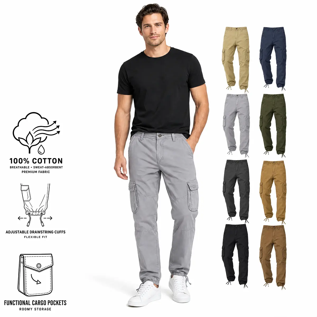 Men Loose Fit Cargo Pants Cotton Durable Breathable Functional Pockets Elastic Waist Lightweight Beige Casual Outdoor Hiking Work Travel Gardening Streetwear corduroy casual pant No Iron Khaki Classic cuffed linen harem pant small leg jogger
