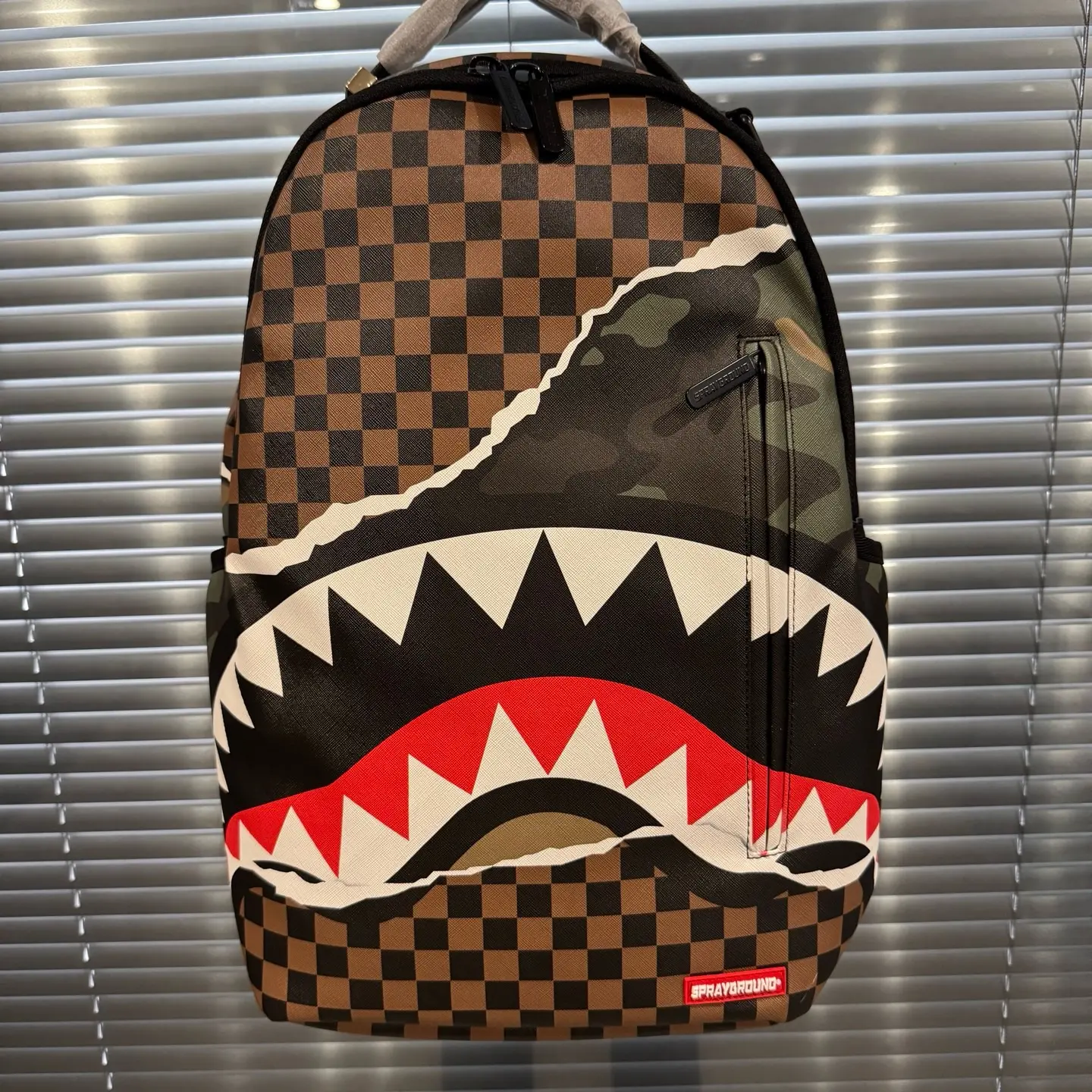 SPRAYGROUND SG Checkerboard Camo Tear-Away Shark Mouth PVC Unisex Backpack, Functional Couple Luggage Bag