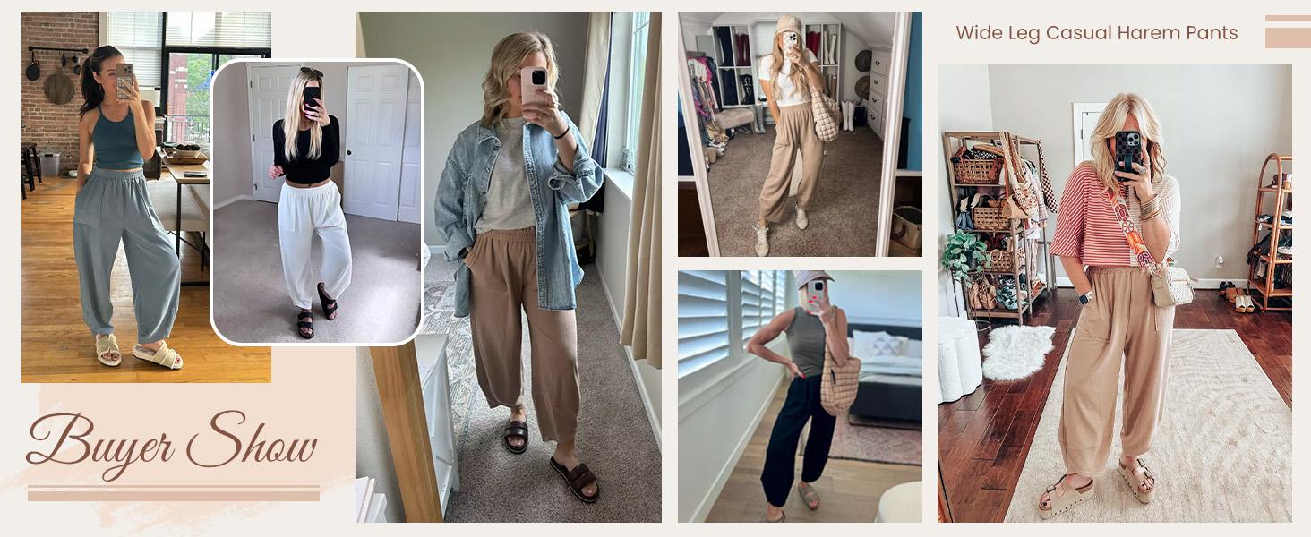 Molitree Womens Baggy Wide Leg Pants Casual Elastic Waisted Palazzo Harem Pants with Pockets