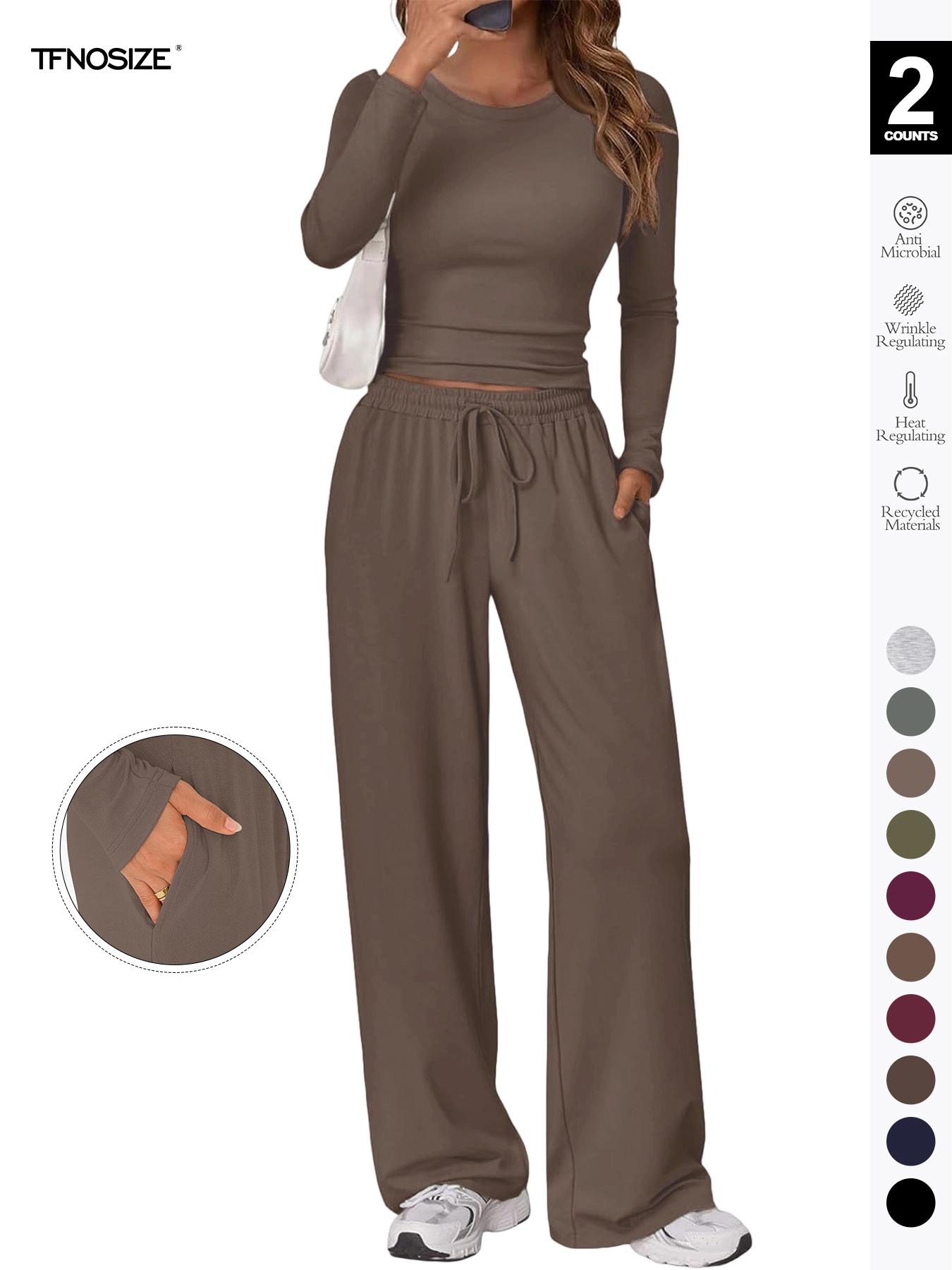 Women's 2-Piece Matching Lounge Set, Long Sleeve Slightly Cropped Top & Wide Leg Pants, Casual Sweatsuit for Fall & Winter