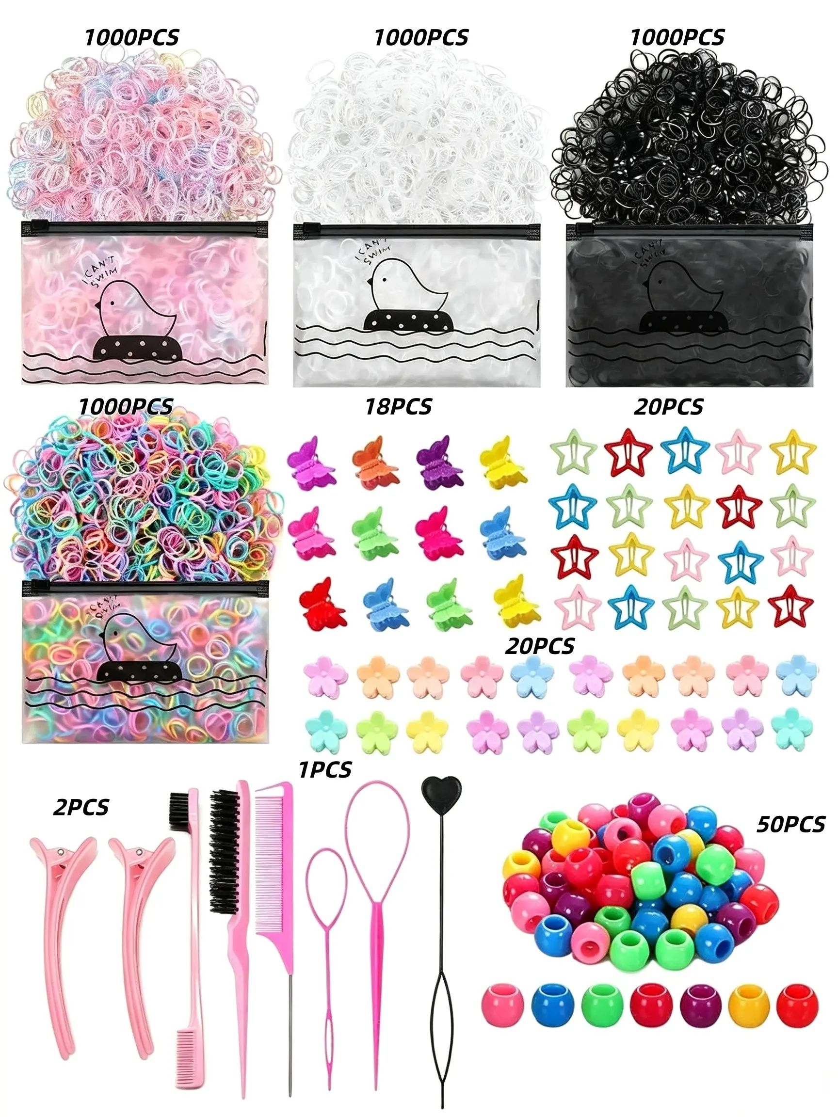 4110pcs Cute Hair Accessories for Toddler Baby Girl, 2000 Rubber Bands, 50 Braided Hair Beads, 52 Mini Clips, 7 Hair Styling Tools, Complete Hair Kit