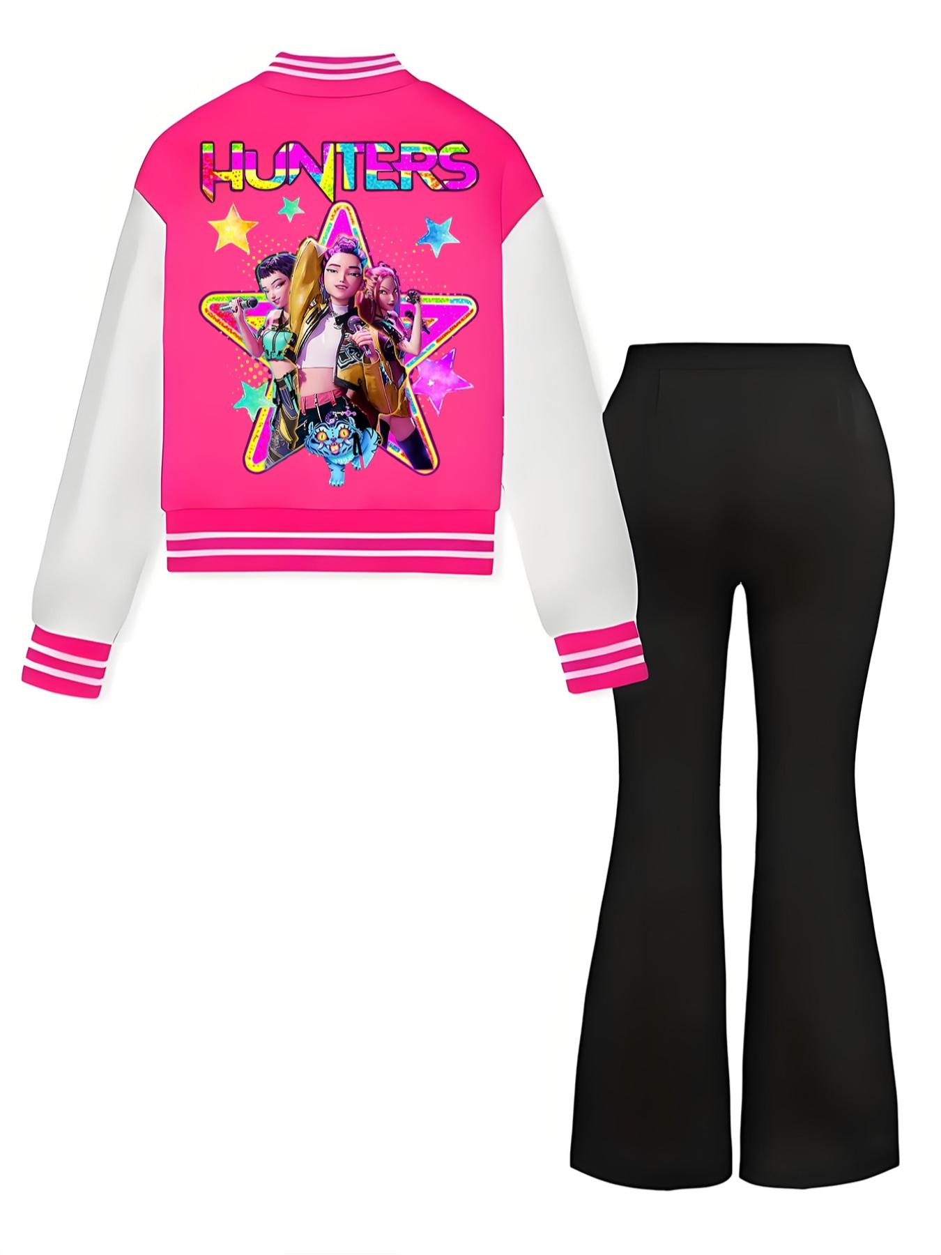 Halloween Sweet Cool Atmosphere, Witch Group Anime Print, Autumn Baseball Jacket, Elastic Fabric Pants Set, Girls' Casual Sportswear