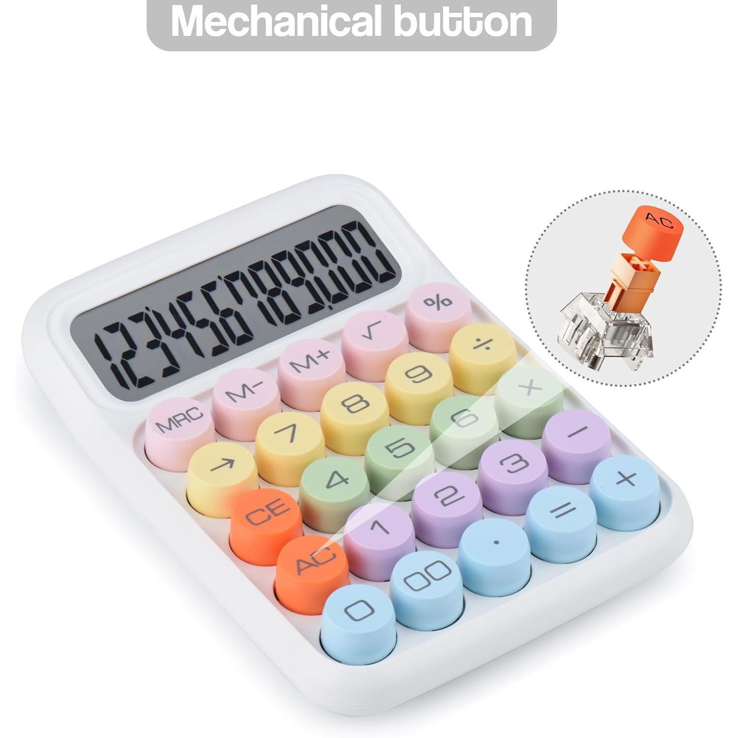 Mechanical Pushbutton Calculator,12 Digit Large LCD Display,Big Buttons Easy to Press,Colorful Candy Calculator,Automatic Sleep,with .for Office,School, . (White)