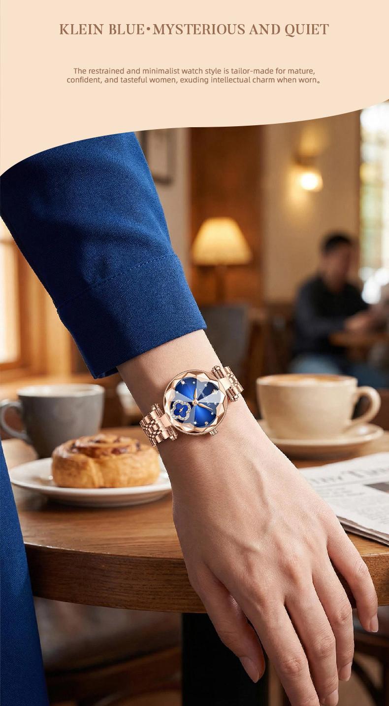 Women's Luxury Rose Gold Quartz Watch - Red Clover Dial with Crystal Accents, Diamond Flower Detail, Stainless Steel Band, Elegant Dress Wristwatch, Perfect Gift for Her