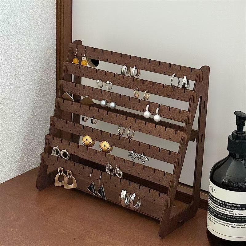 7 Layer Walnut Color Earring Storage Rack, Simple High-End Desktop Organizer, Ear Stud Display Stand, Women's Home Jewelry Holder