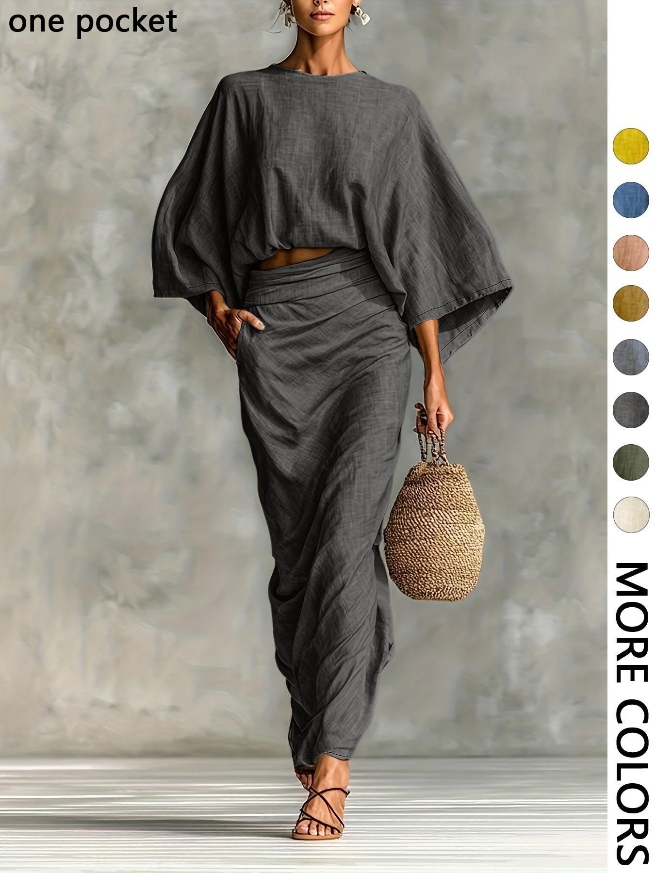 Women's Stylish Loose-Fitting Casual Two-Piece Set, Spring & Fall Comfortable Long Skirt with Waist Definition and Pocket one pocket..