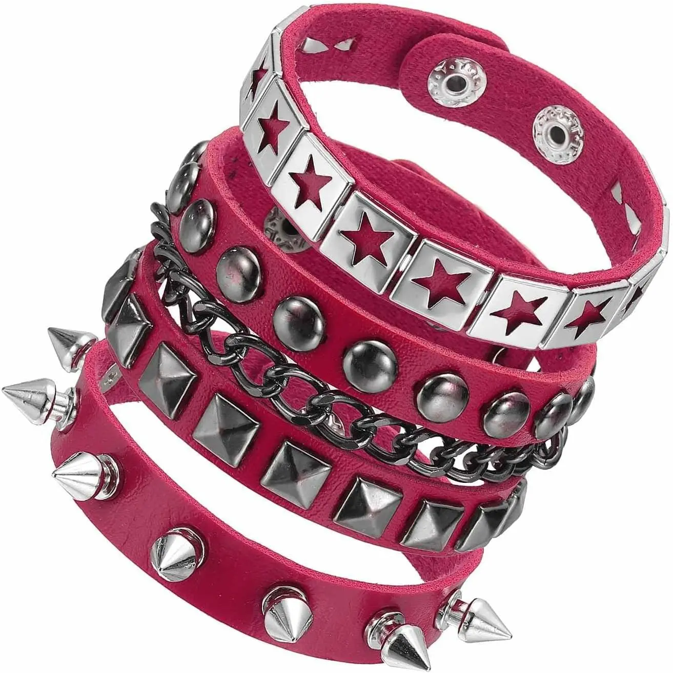Rock Punk Studded Faux Leather Bracelet Set, Goth Spiked Cuff Wristband Adjustable Bracelet for Emo Grunge Accessories Halloween Party Favors