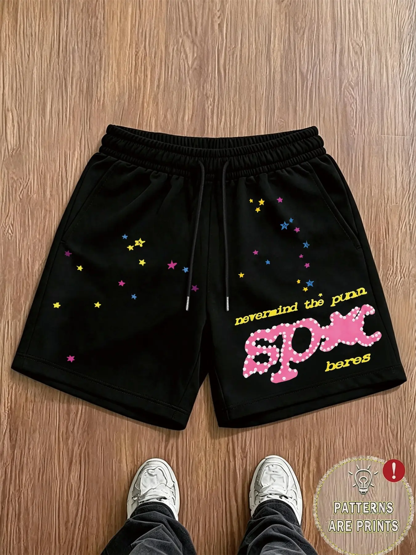 Men Black Loose Fit Sports Shorts | Retro Hip Hop Aesthetic | Multicolor Star Pattern & Slogan Printed Drawstring Short Pants | For Young Guys Daily Vacation Urban Casual Outfits