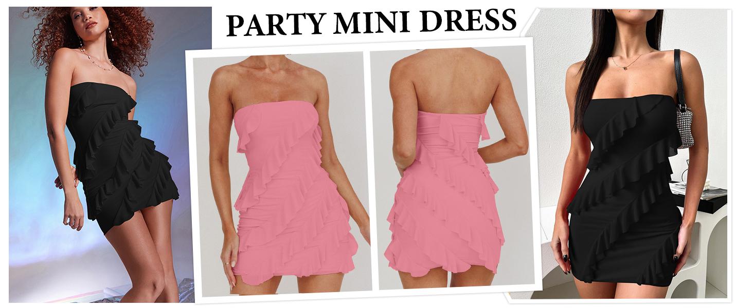 HOCILLE Stretchy Mesh Ruffle Mini Dress - Sexy Strapless Bodycon Spring Date Night Outfit, Tummy Control Snatched Graduation Dress, Elegant Tube Top Party Clubwear for Women 2026