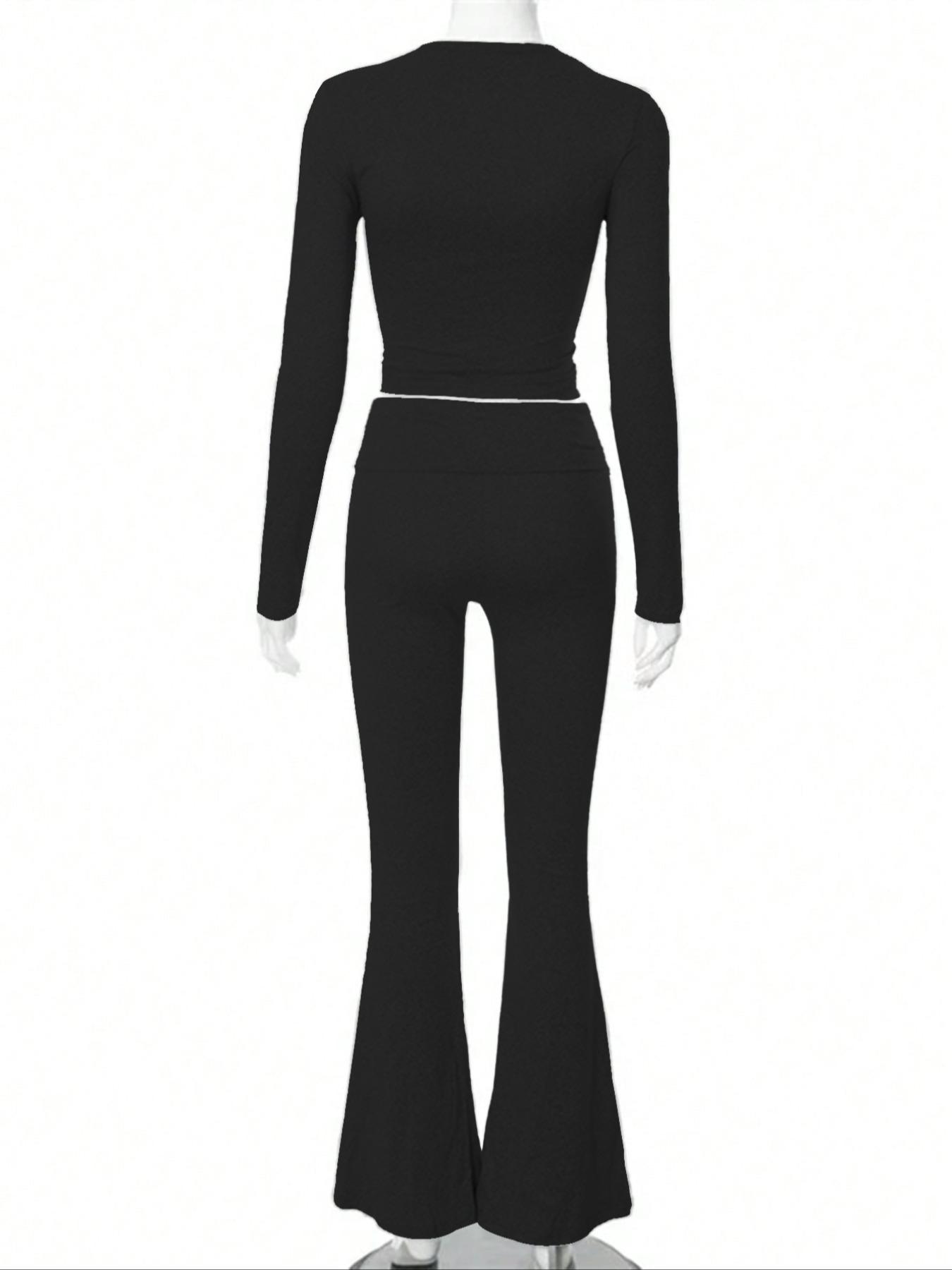 Women's 2 Piece Casual Pajama Set, Slim Fit Long Sleeve Top & Low Rise Bell Bottoms, Versatile Yoga Loungewear for All Seasons,Airport Outfit