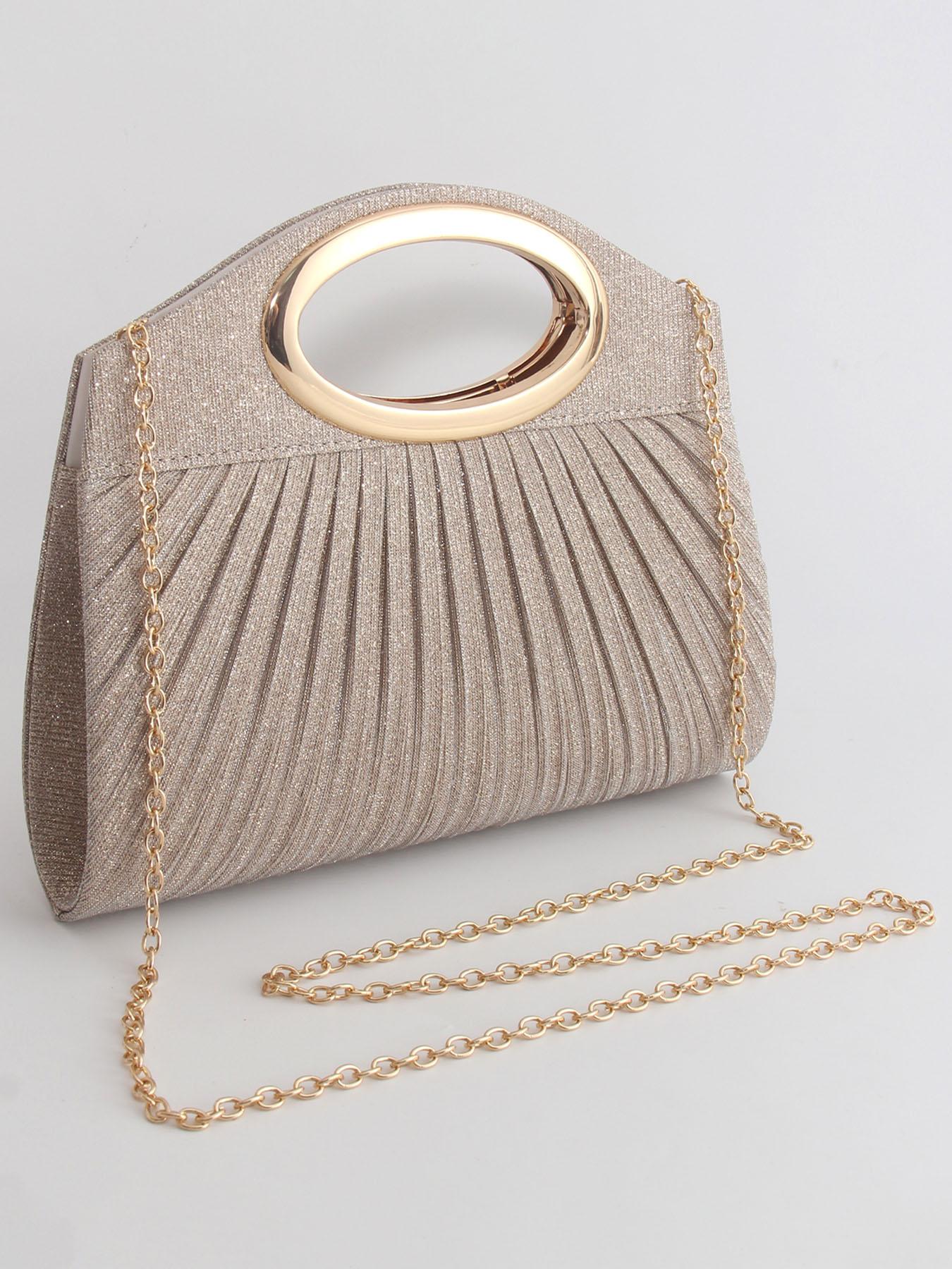 Women's Elegant Glitter Evening Clutch Bag, Metal Ring Handle, Pleated Design, Magnetic Closure, Versatile Strap, Perfect for Weddings, Parties, Wristlet Clutch