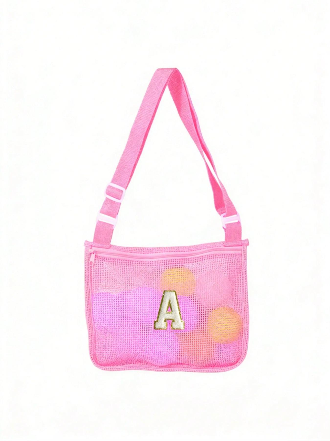 Letter Beach Mesh Bag, Shell Storage Pouch, 30cmx25cm, Unisex Swimming Accessory, Ideal for Vacations, No Ocean Balls Included