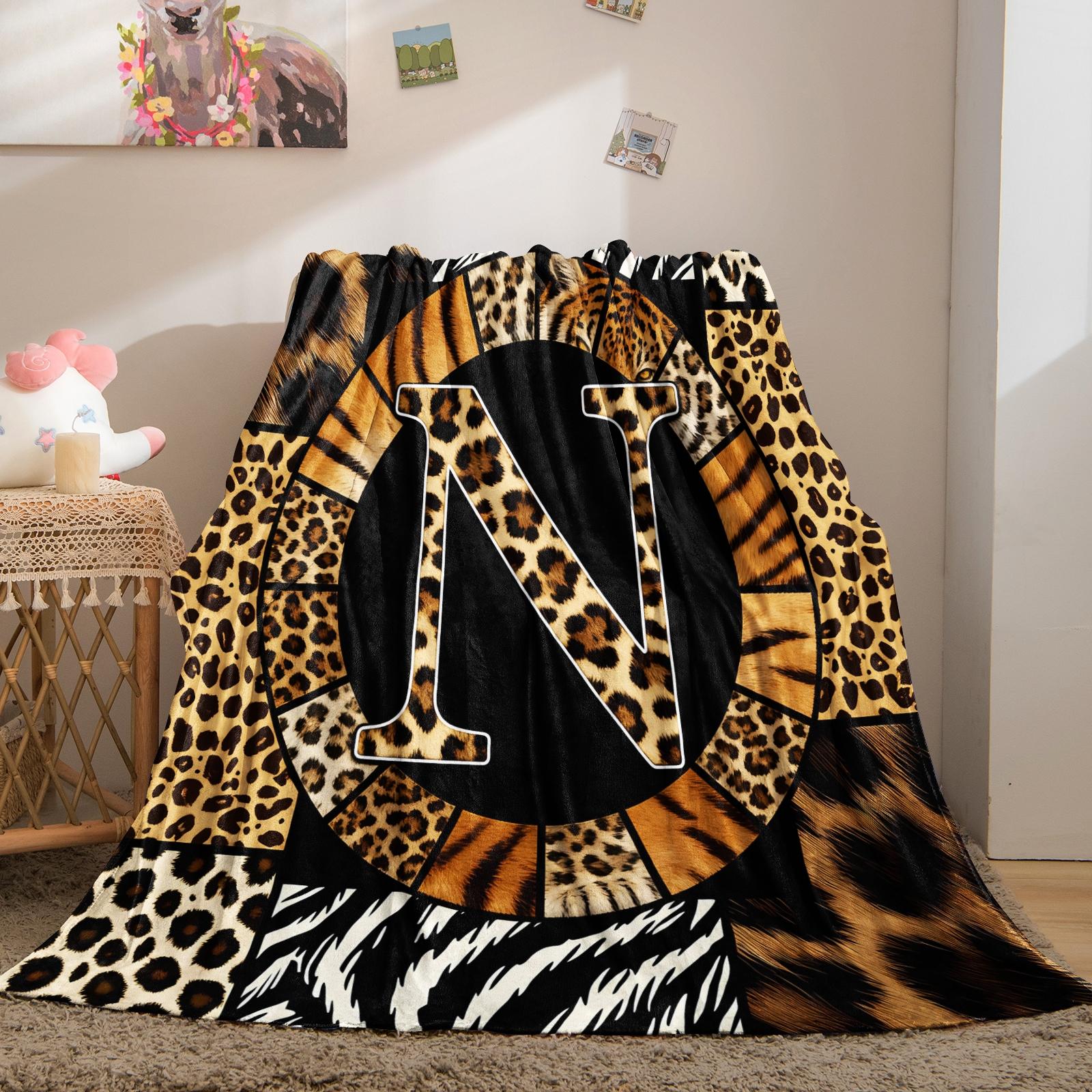Animal Print Monogram Throw Blanket, Leopard Zebra Tiger Initial Soft Flannel Blanket for Sofa Bed, Gift for Animal Lovers