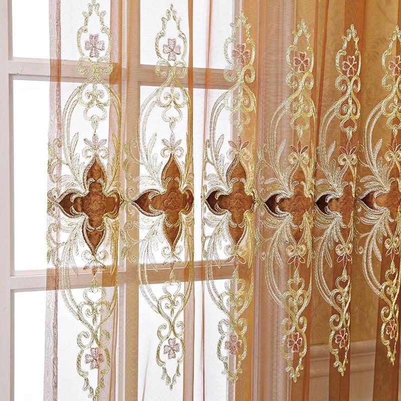 2pcs European Heavy Embroidery Sheer Curtains, Living Room Arched Floor-To-Ceiling Window, Vintage Style Punch Hole Balcony Curtain