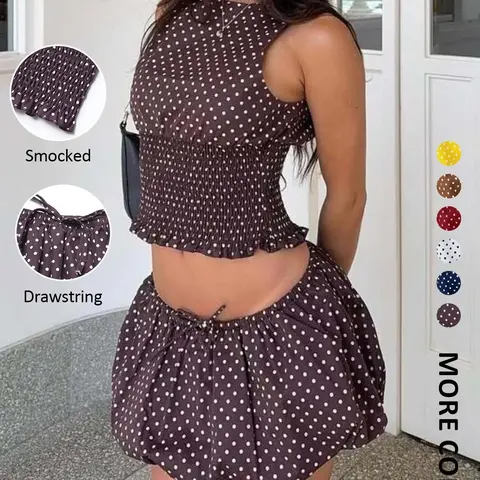 【Black Friday】Women's Polka-Dot Sleeveless Crop Top and Drawstring Bubble Mini Skirt Two-Piece Set