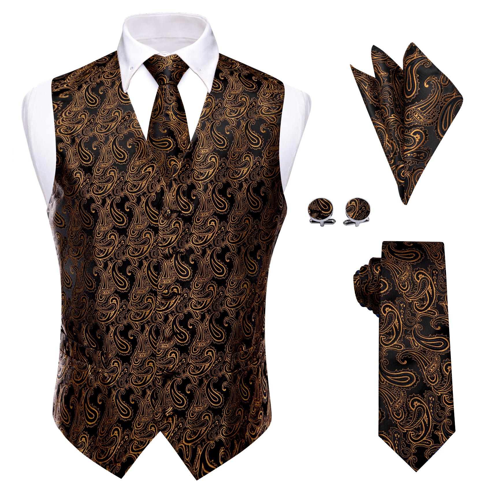 Mens 4PC Luxury Black Gold V-Neck Waistcoat & Tie Set, Formal Sleeveless Jacquard Vest with Paisley Floral Pattern, Elegant Fashion Menswear