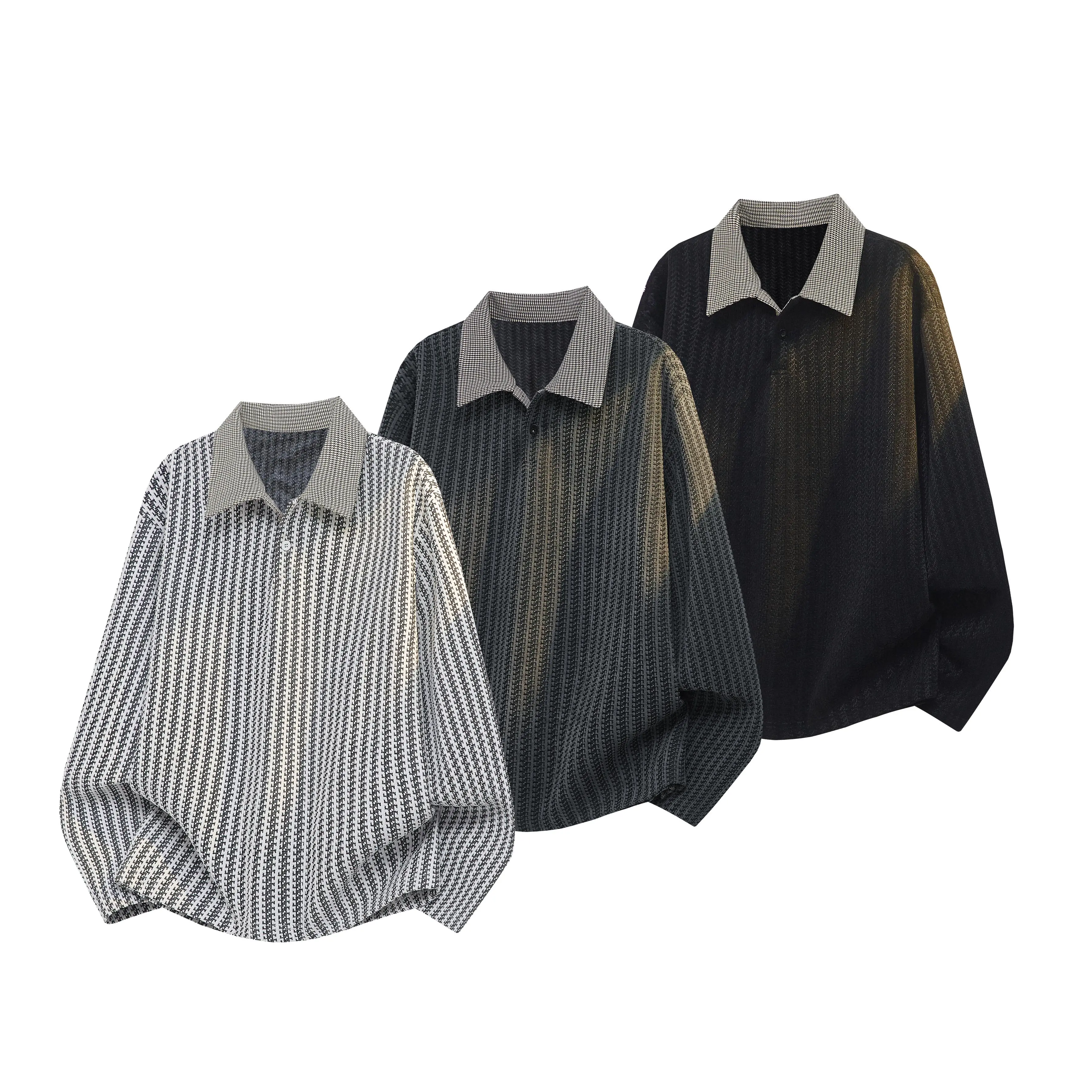 Men's Long Sleeve Knit Polo Shirt Retro Contrast Houndstooth Collar - Textured Casual Button Down Pullover, Loose Fit Business Casual Tops for Daily Wear Breathable Cargo